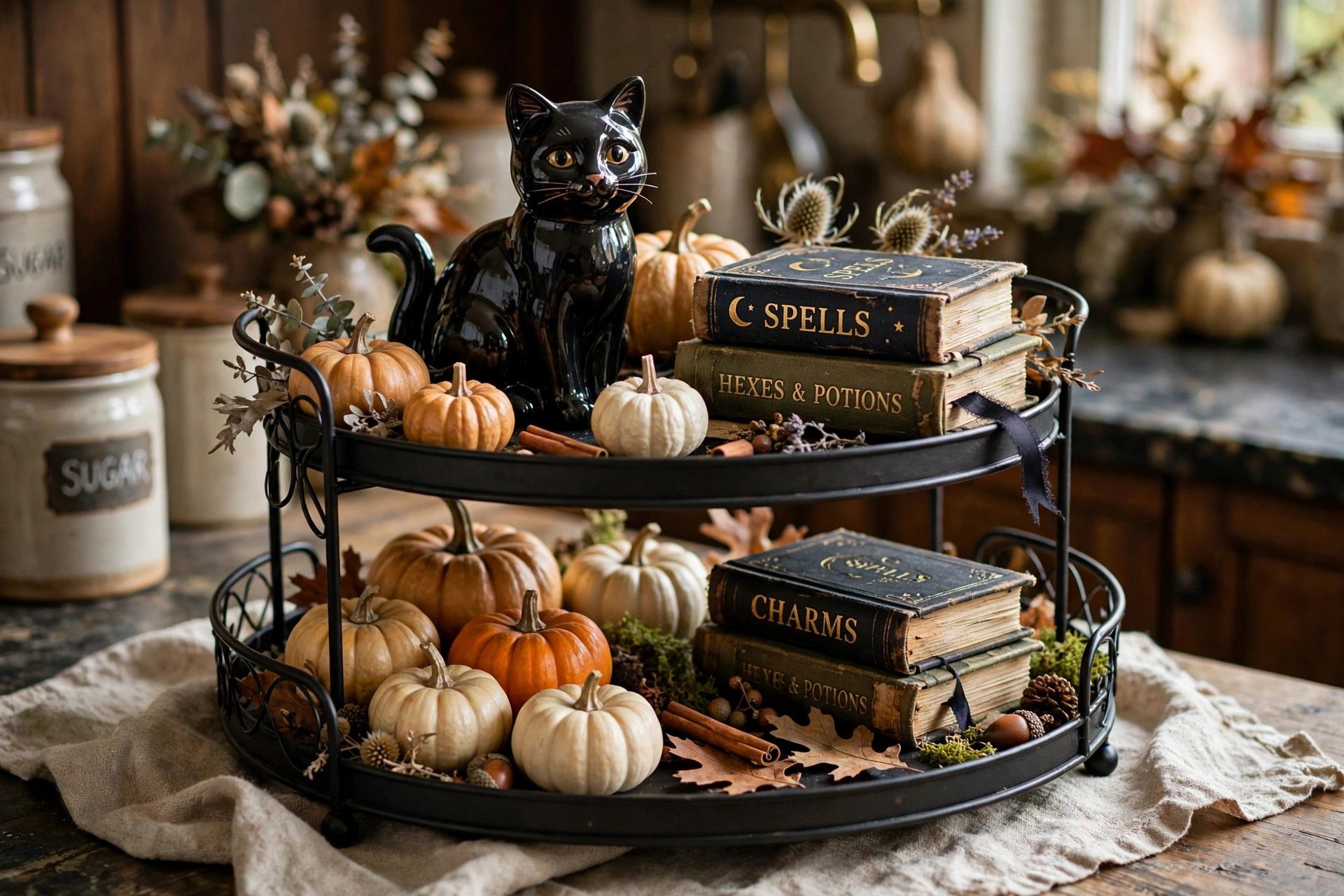 Two-tiered kitchen tray styled with ceramic black cat, mini pumpkins and spell books.