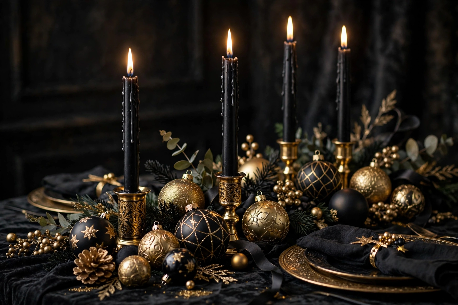 Black taper candles in gold holders with black and gold ornaments on a dark elegant table.