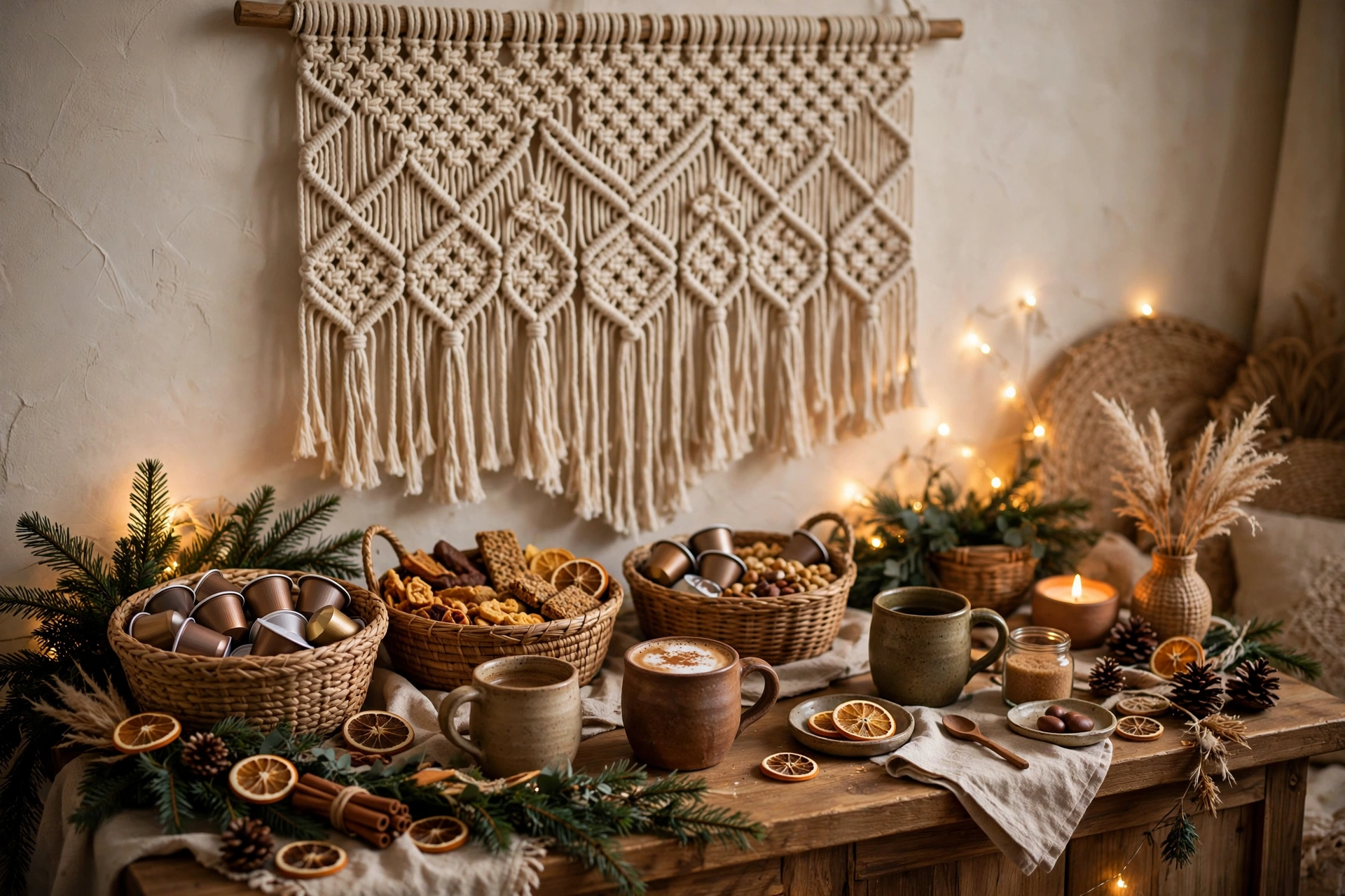 Boho coffee bar with macrame hanging, woven baskets and greenery