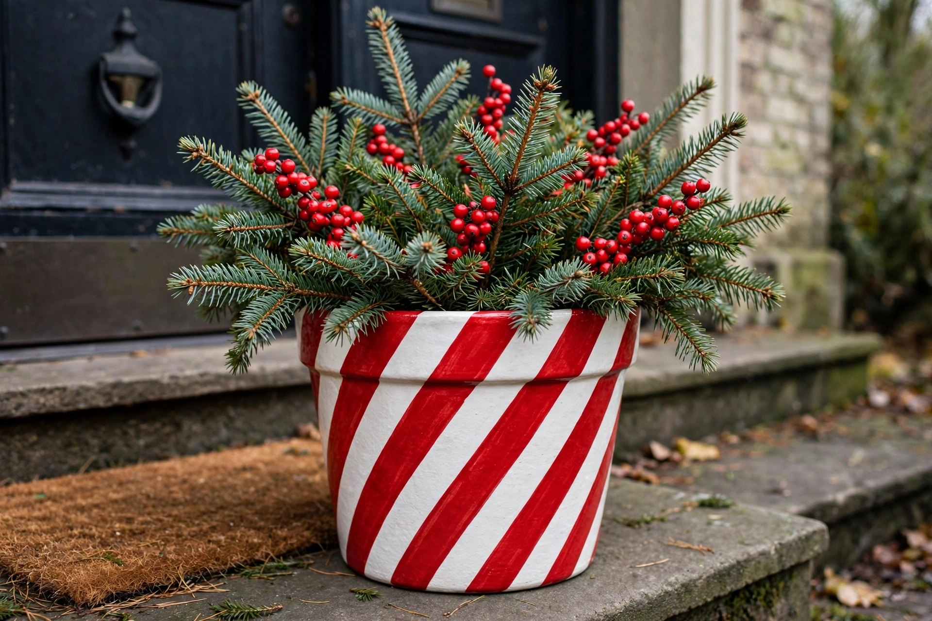 Red and white candy cane striped pot with spruce and red berries on a doorstep.