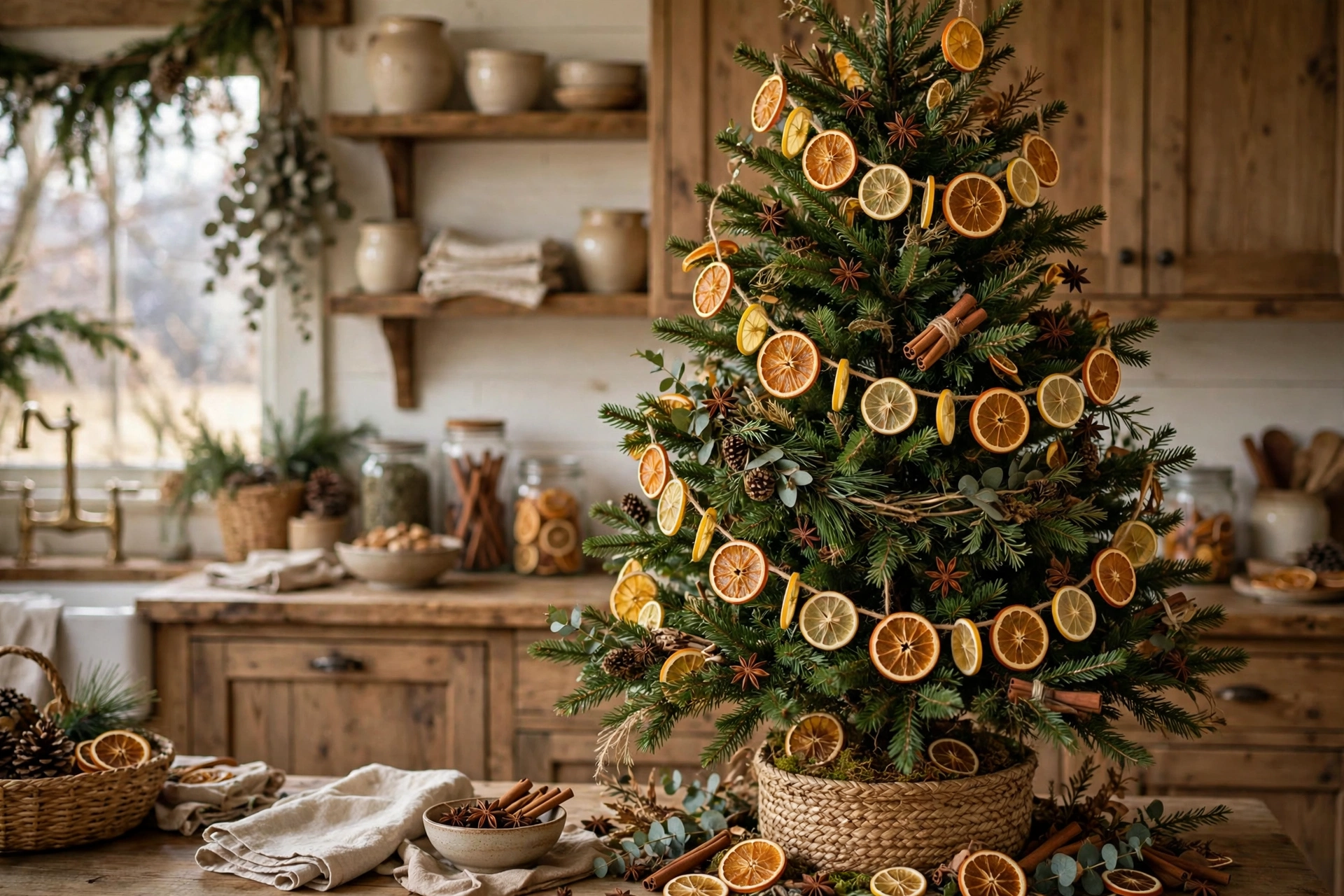 Christmas tree decorated with dried orange citrus slices, cinnamon sticks, and natural garlands