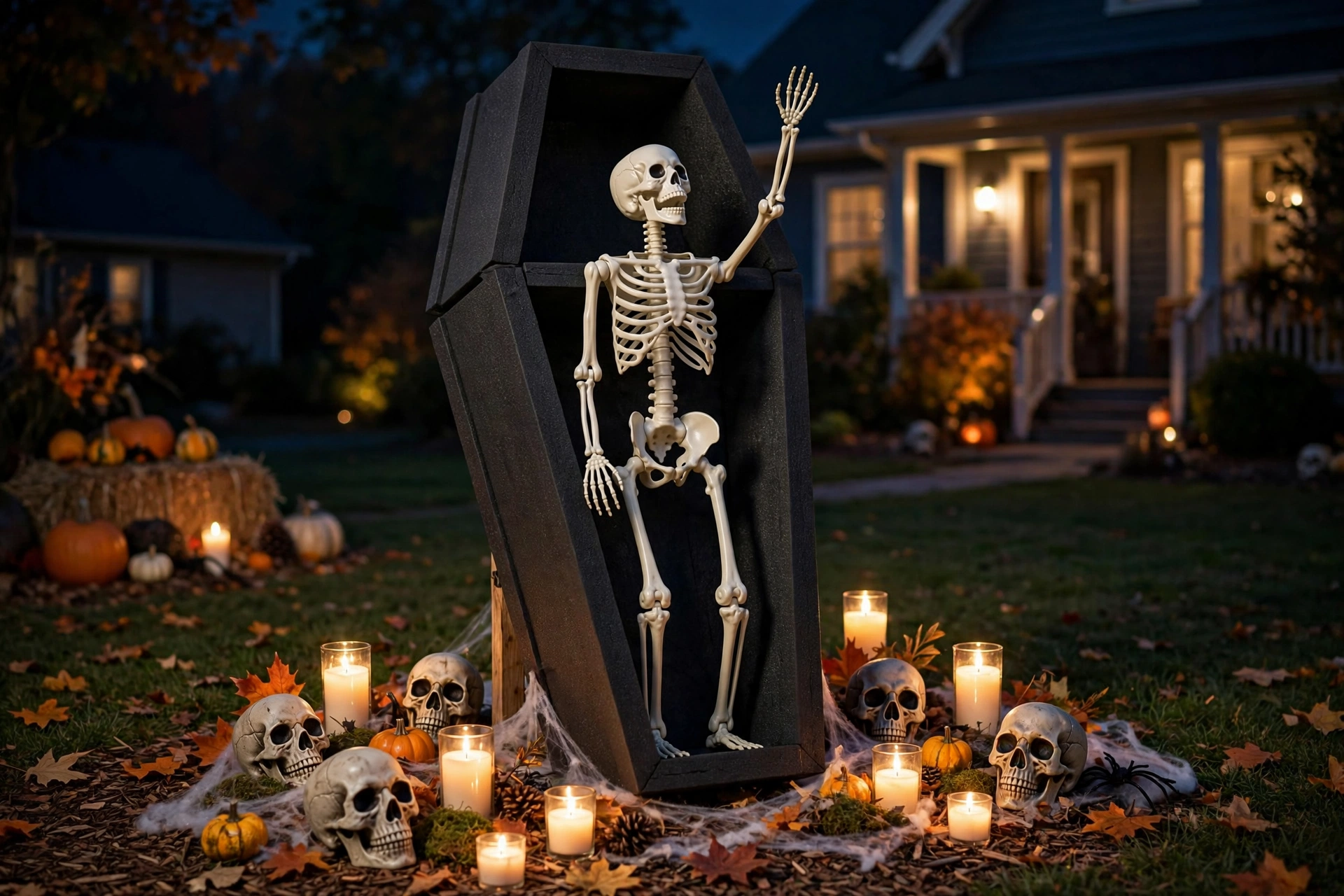 Open foam coffin with a skeleton rising from it surrounded by candles in a yard.