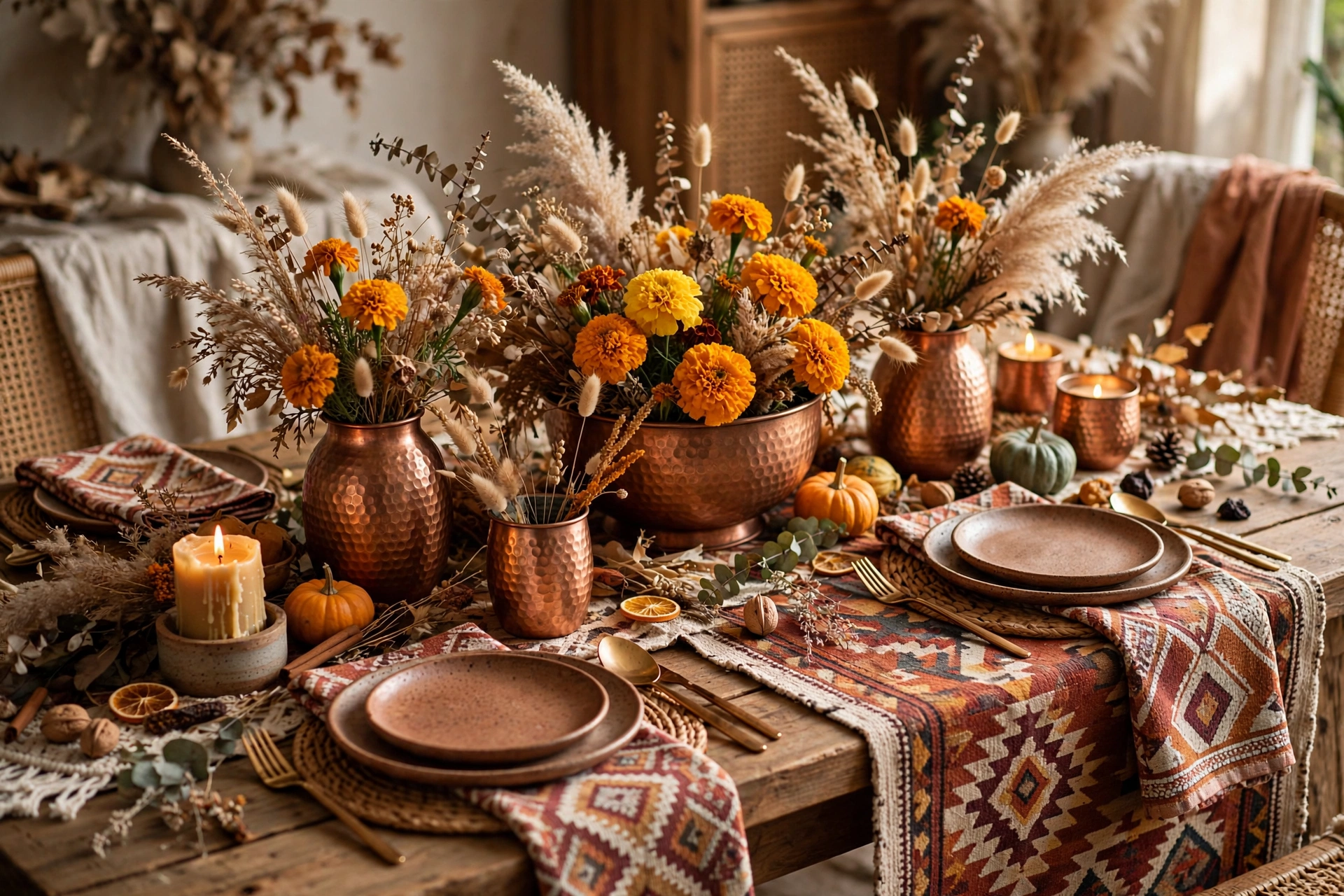 Copper and marigold boho centerpiece — Thanksgiving centerpiece idea