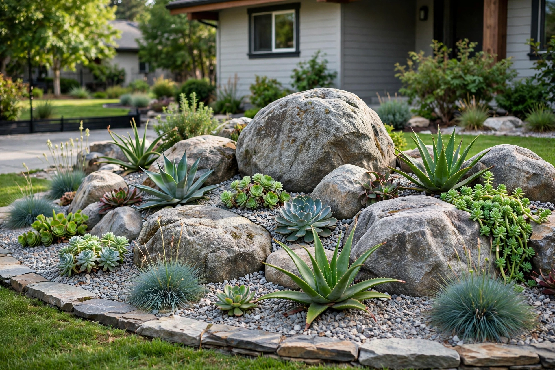 Decorative rock garden bed with boulders, gravel, and succulents in a front yard.
