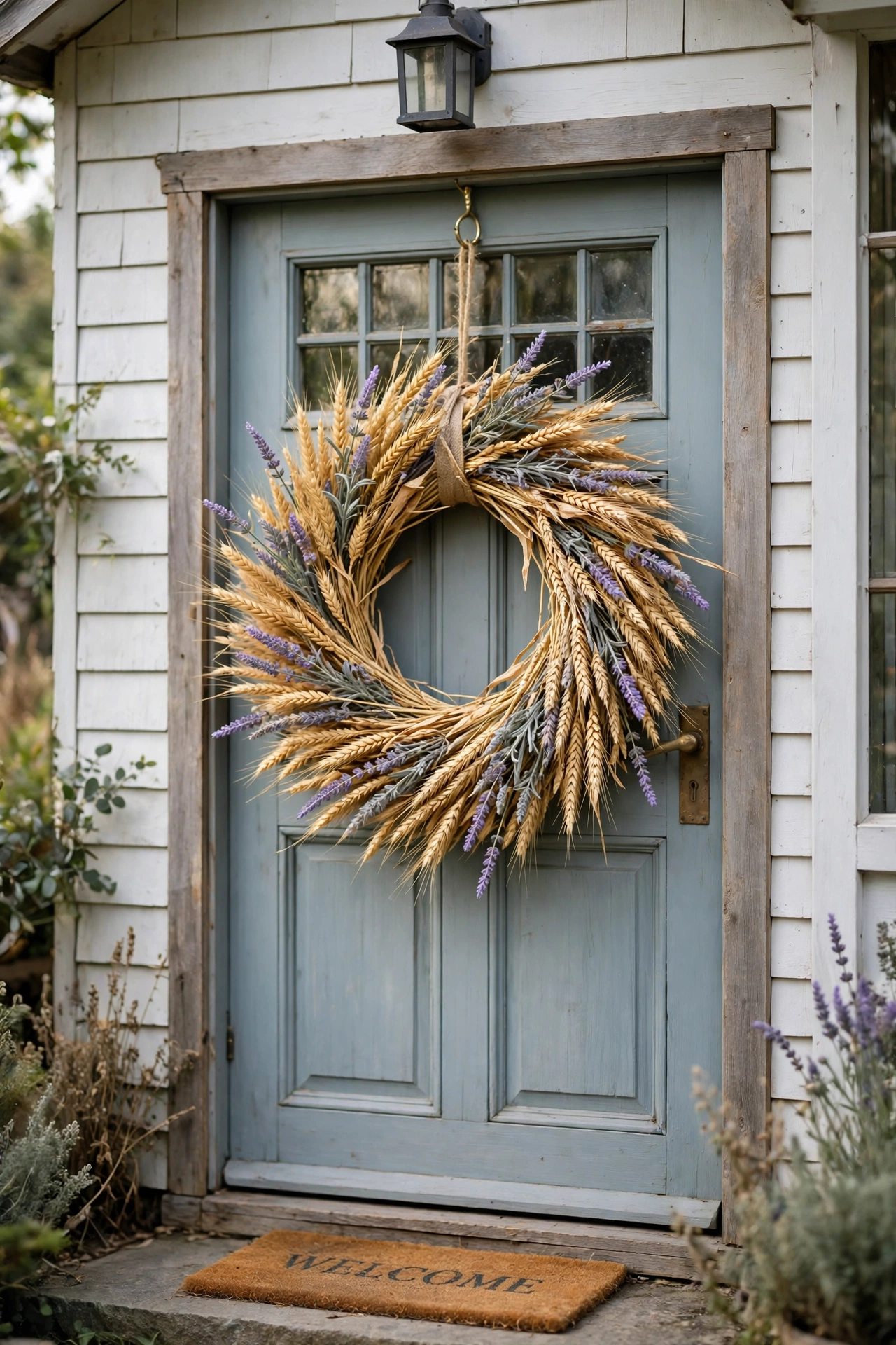 Golden dried wheat bundle wreath with lavender sprigs hanging on a farmhouse front door.
