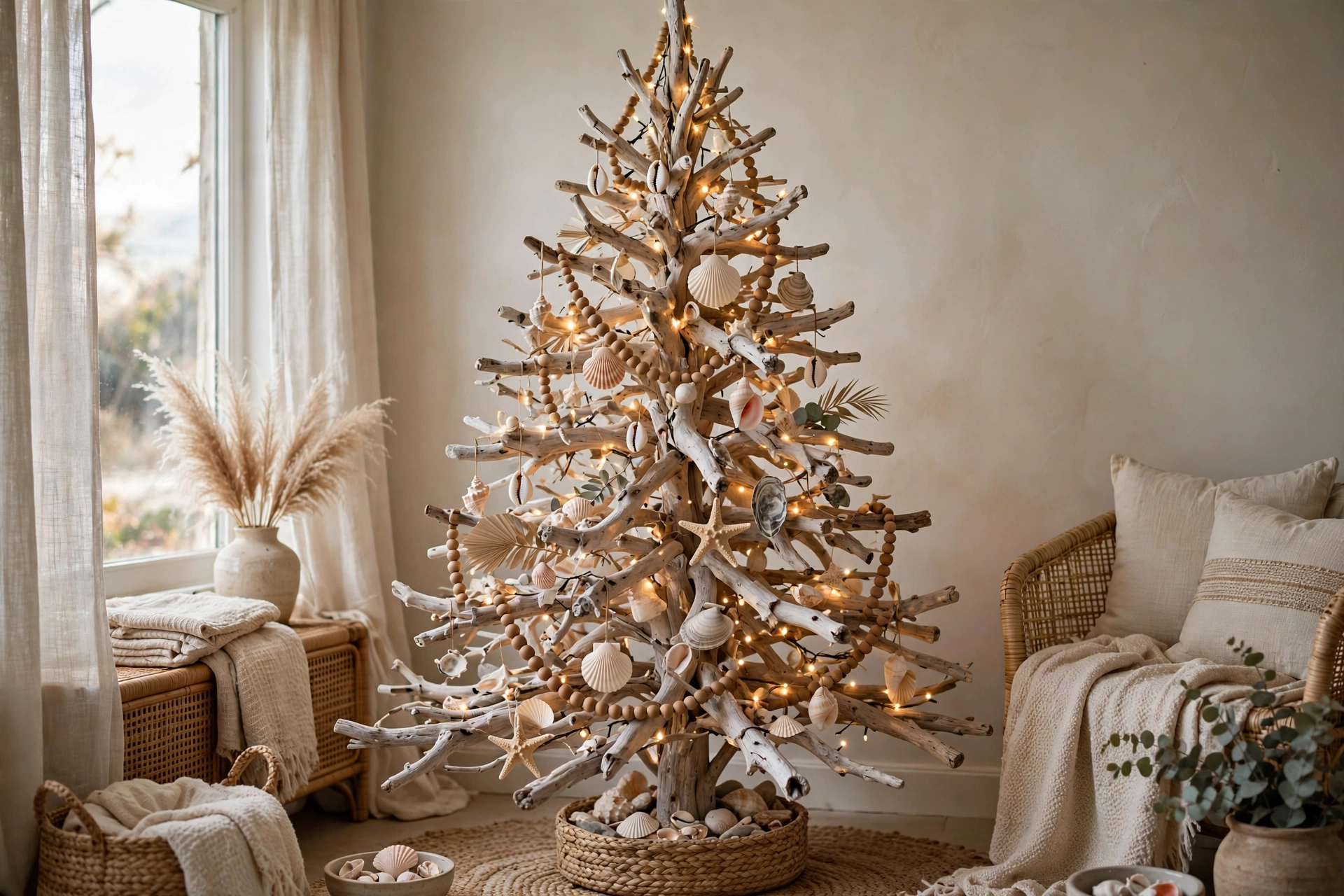 A driftwood Christmas tree sculpture decorated with shells and fairy lights