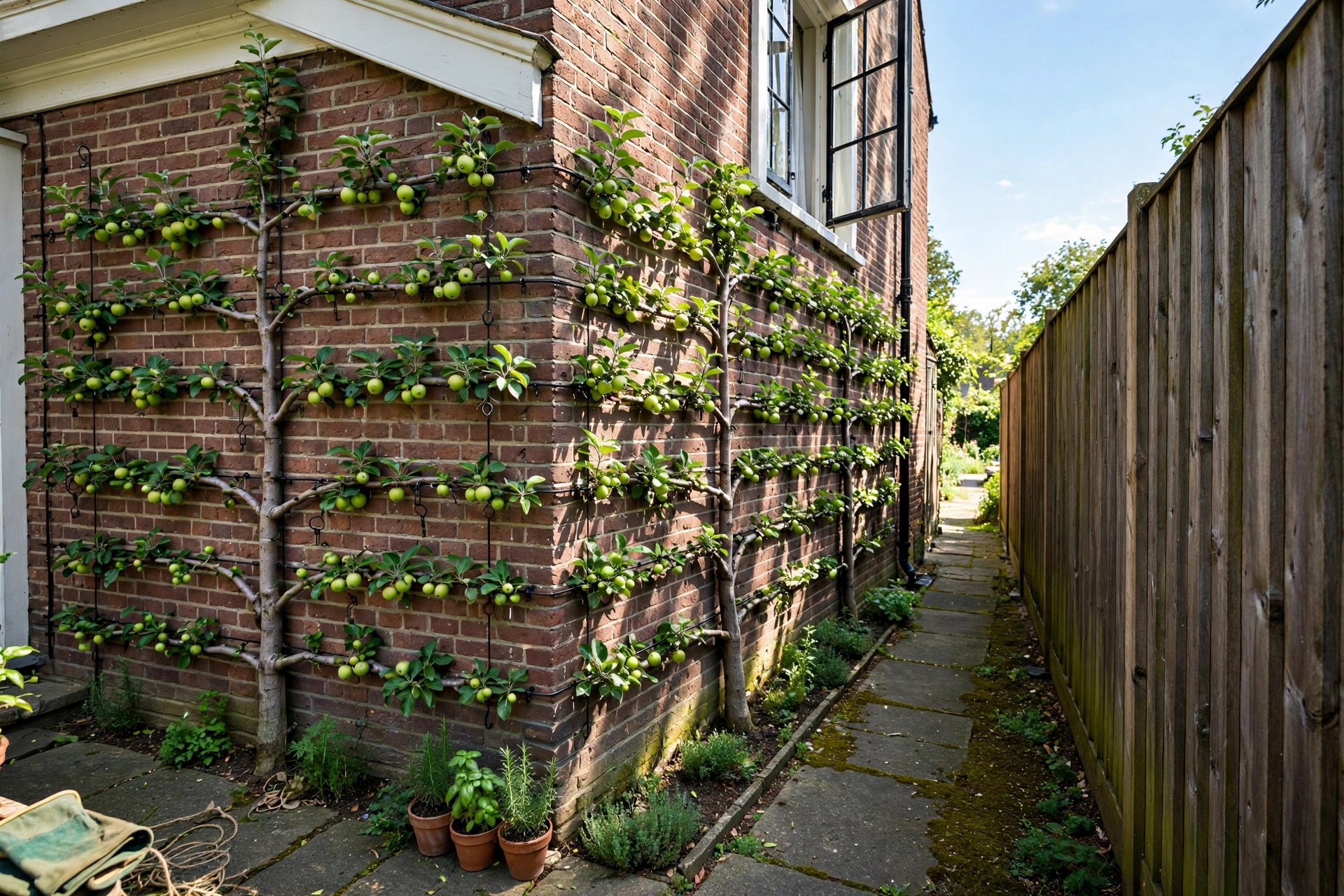 Espaliered apple trees trained flat against a house wall in a narrow side yard, green fruit forming, sunny day.