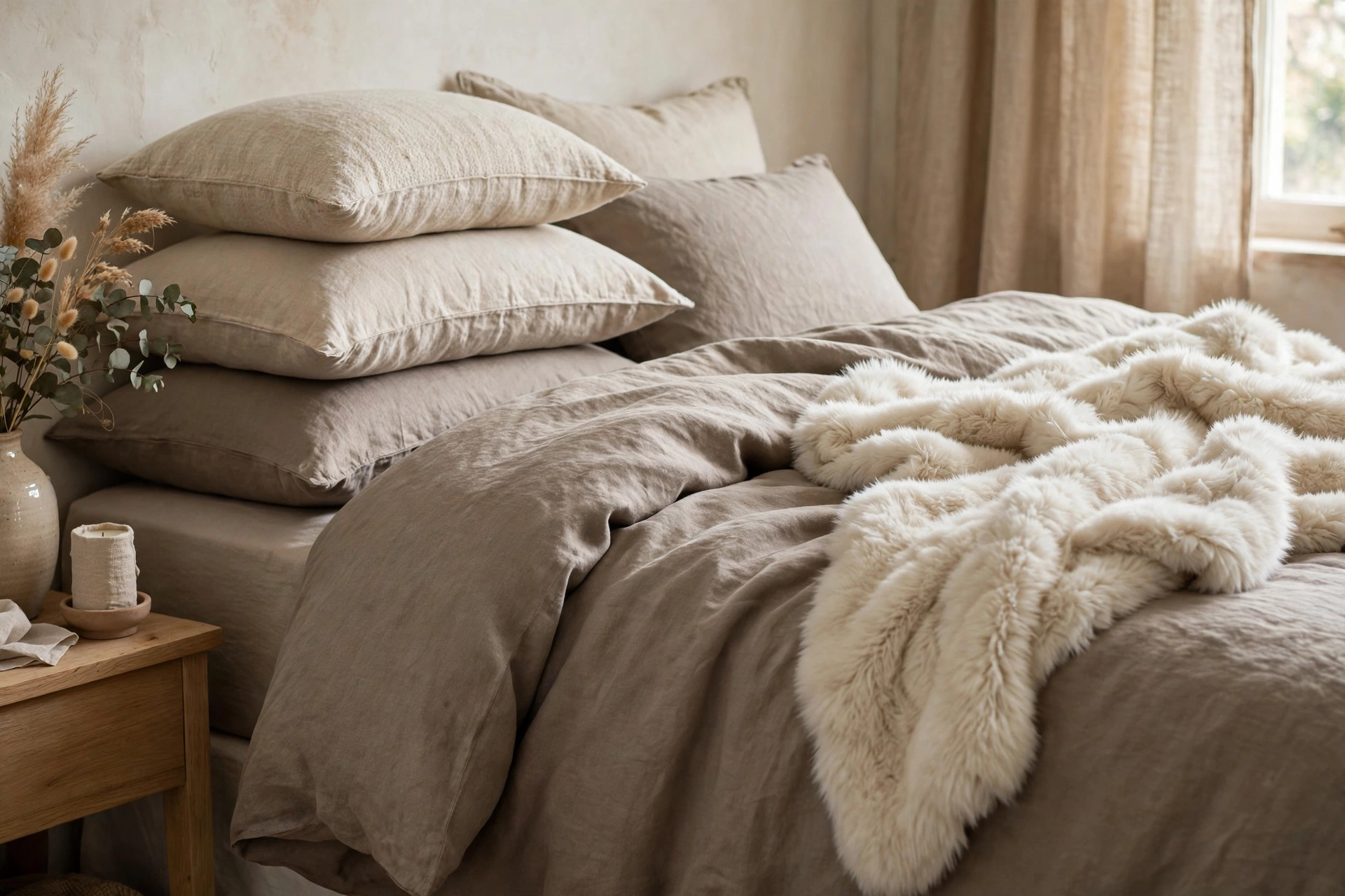 Taupe linen duvet with a faux fur throw tossed across and stacked pillows.