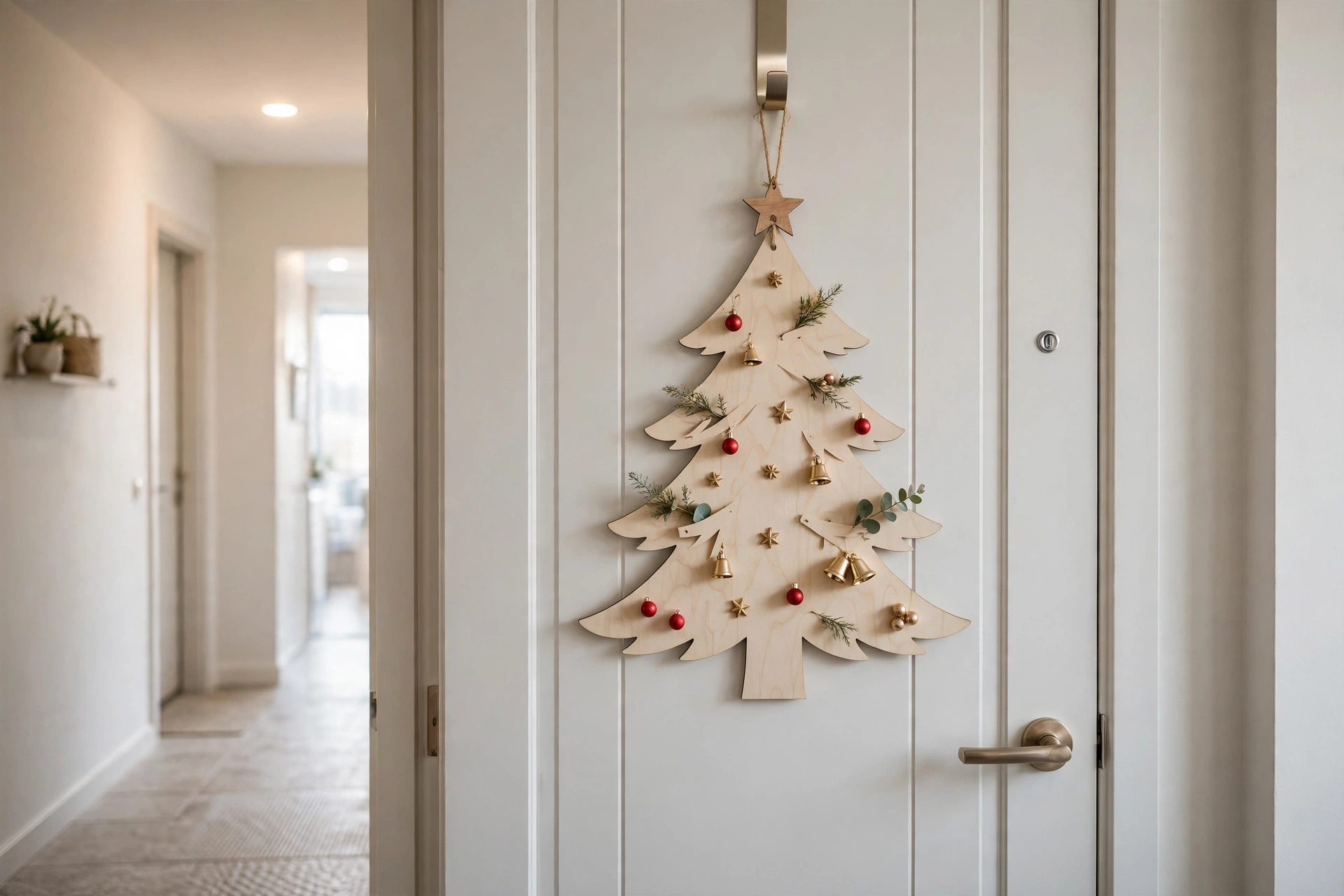 Flat wooden Christmas tree shape decorated with mini ornaments and a star, hung on an apartment door.