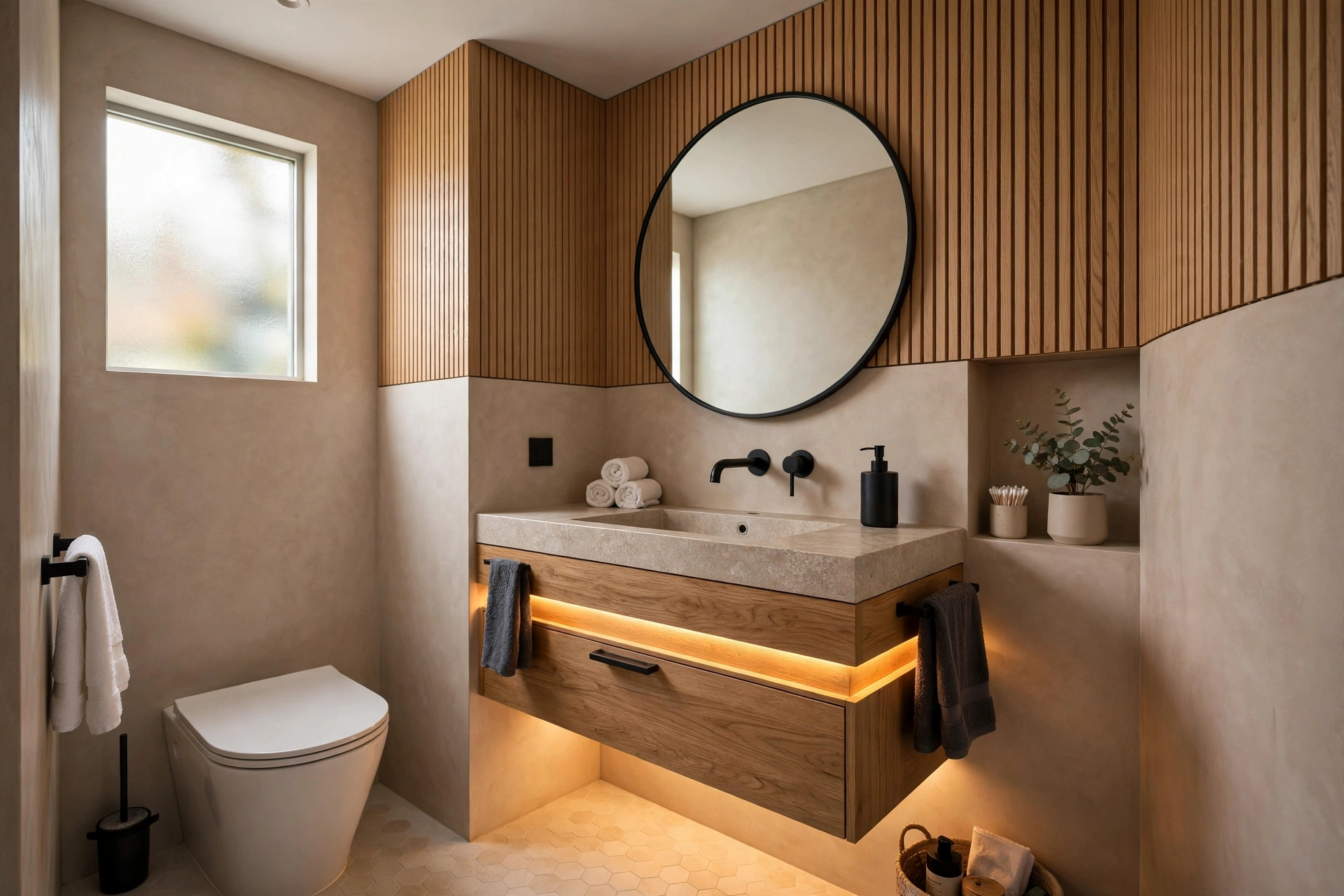 Floating vanity with LED underlighting — small bathroom idea