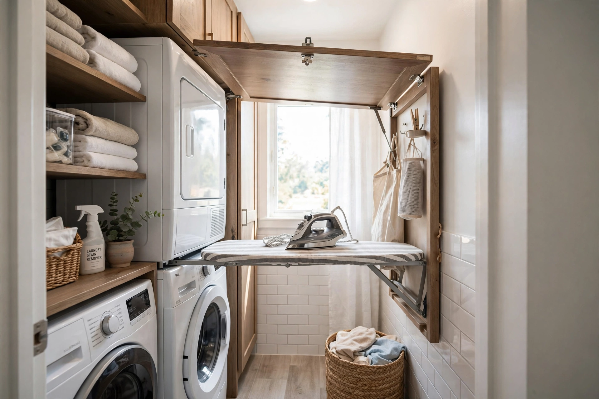 Wall-mounted fold-down ironing board — small narrow laundry room idea