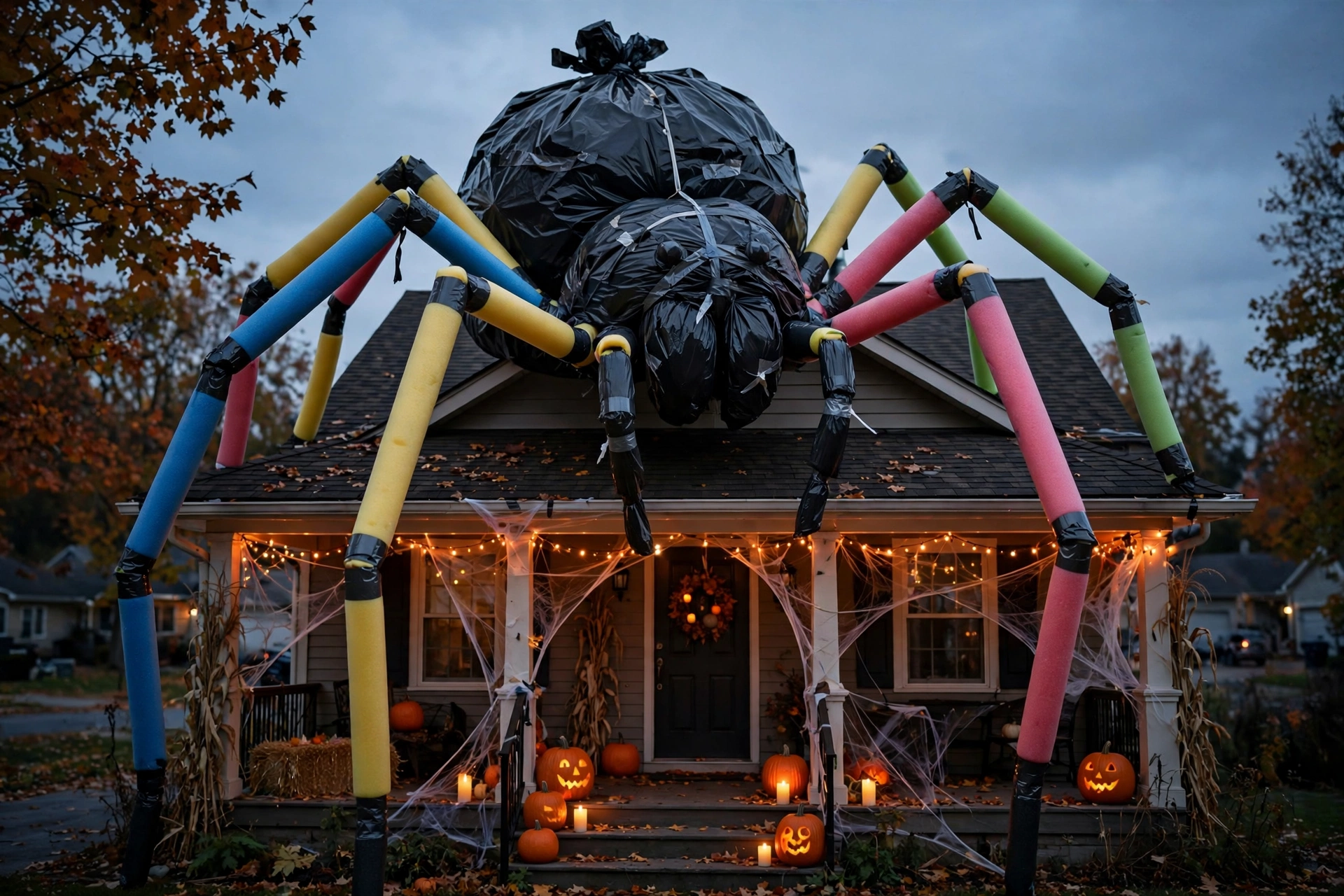 Giant spider made from a trash bag body and pool-noodle legs looming over a house roof.