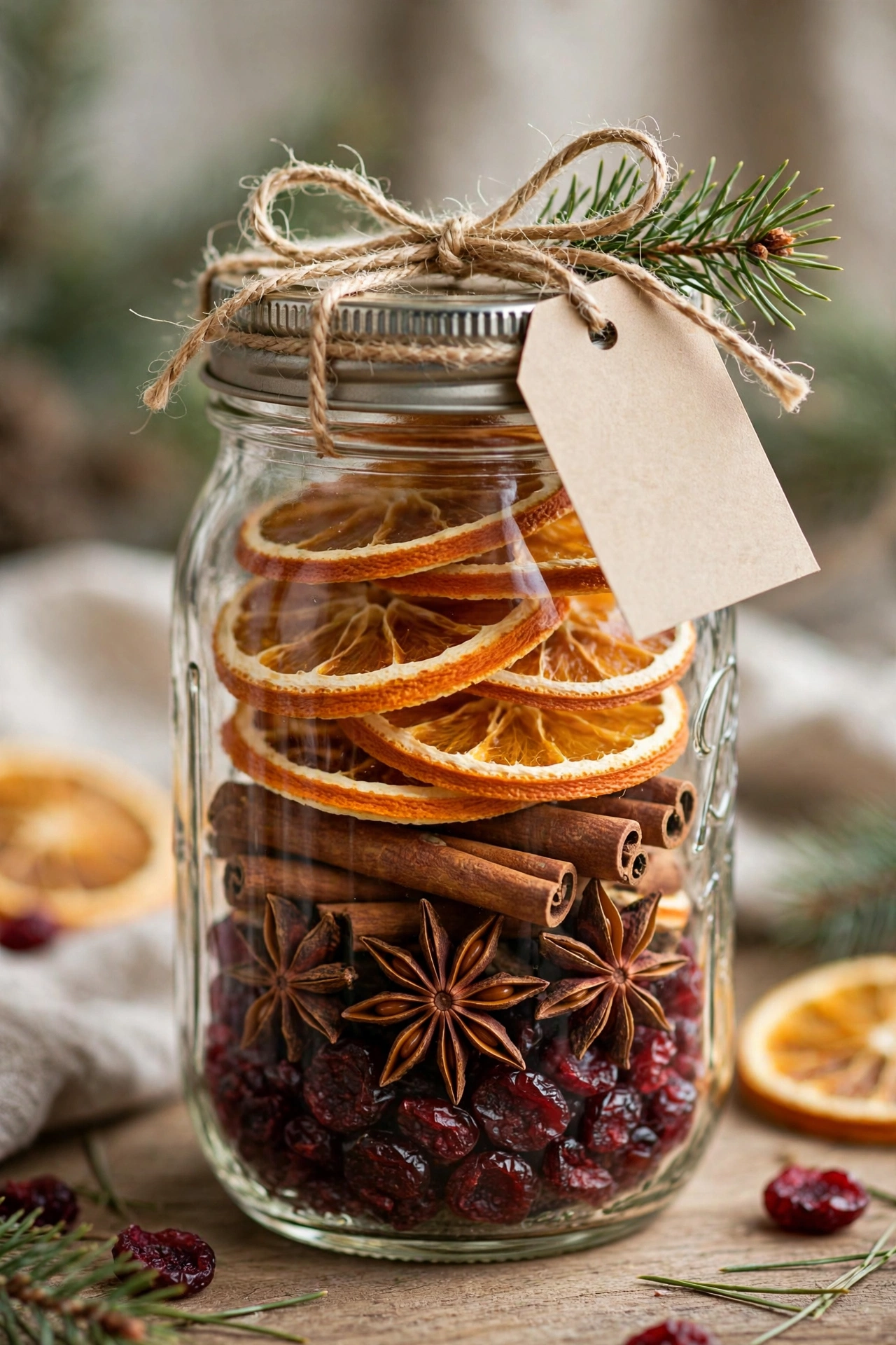 Mason jar layered with dried oranges, cinnamon, and star anise, gift tag and pine sprig on the lid.