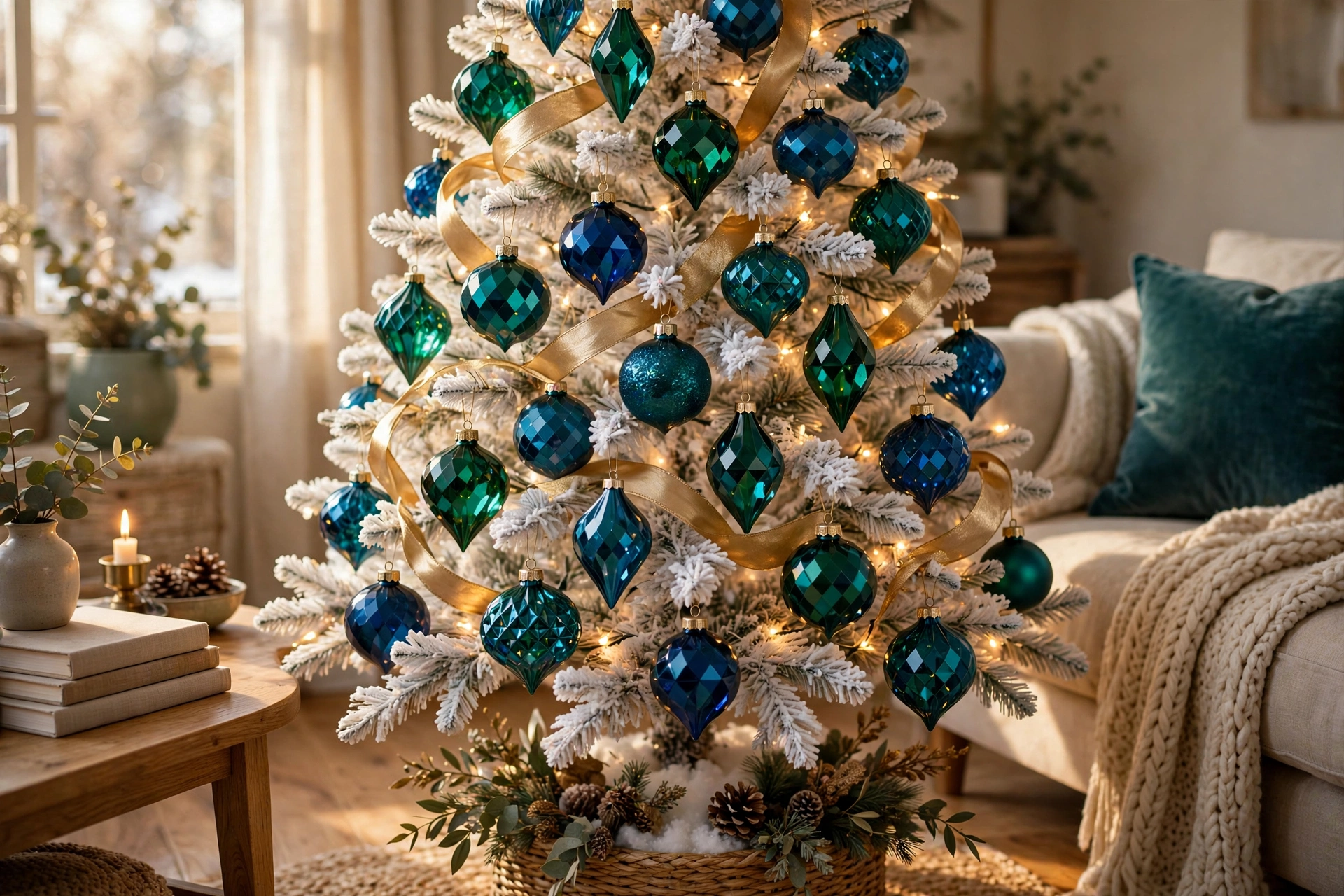 Jewel-toned peacock tree — white Christmas tree idea