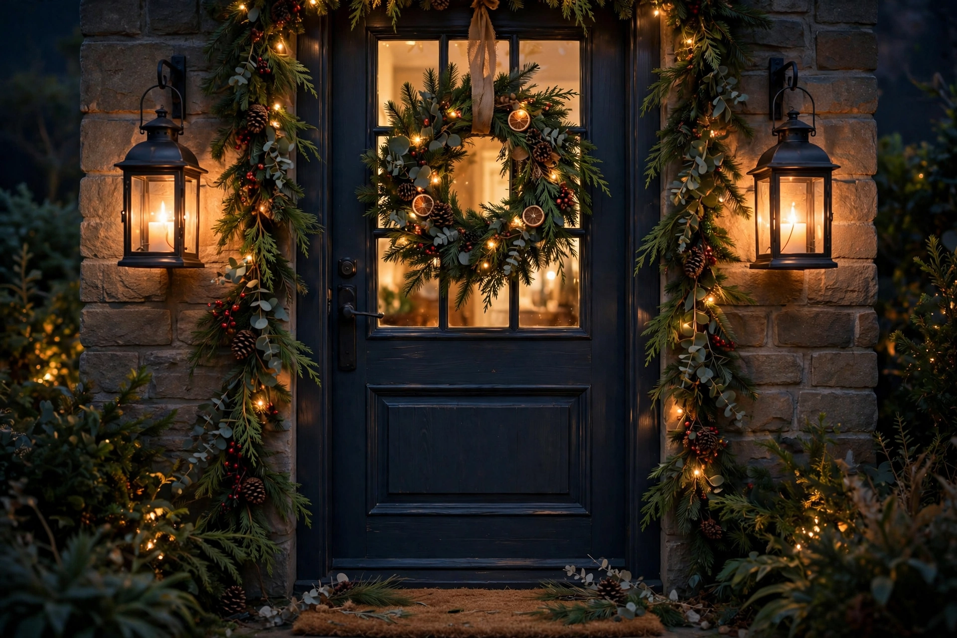 Lanterns flanking the door — Christmas door idea