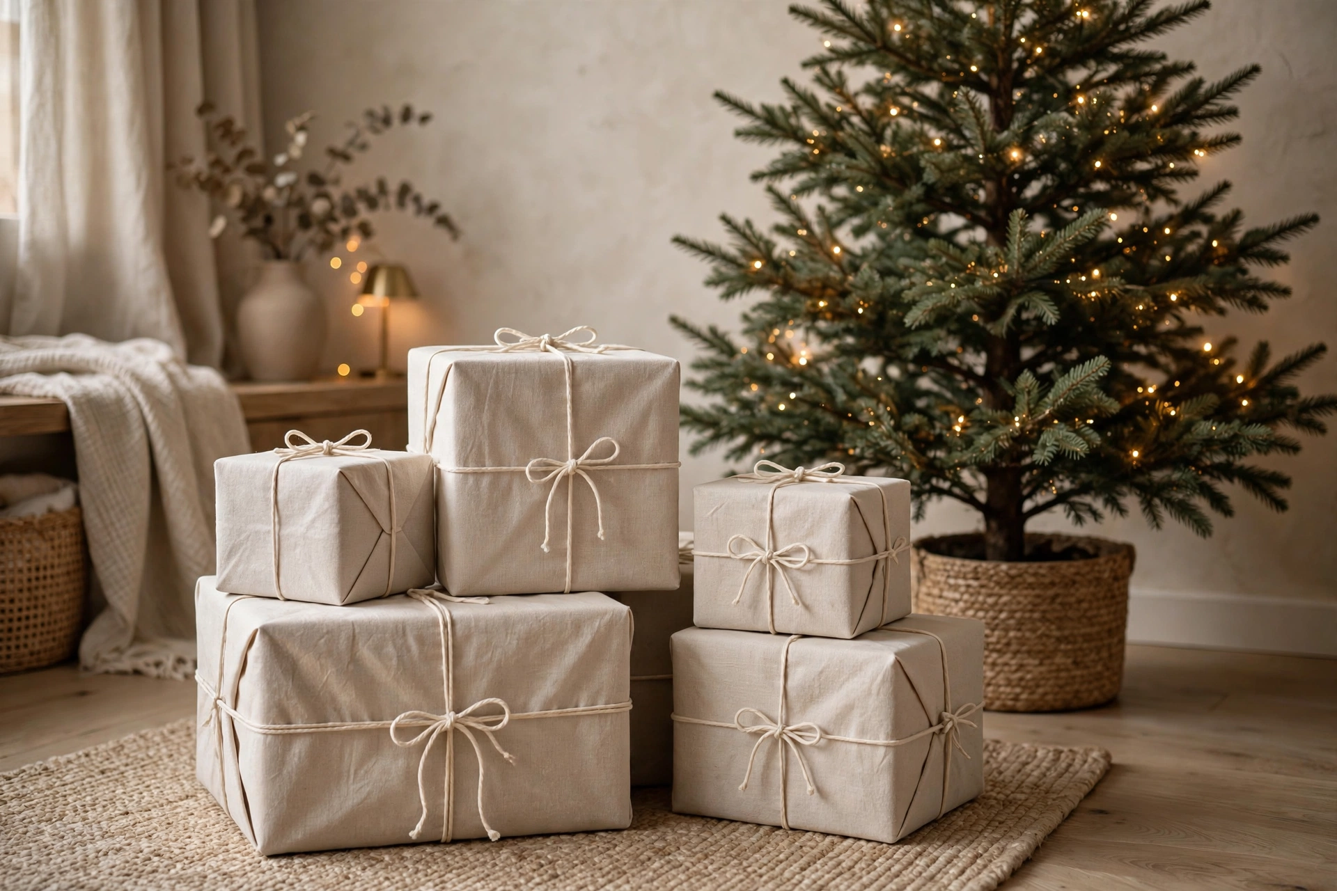 Linen-wrapped gift boxes with cotton twine stacked under a neutral Christmas tree.