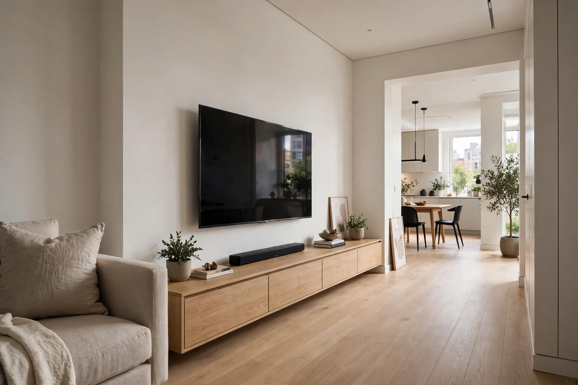 Long low media bench — narrow living room idea