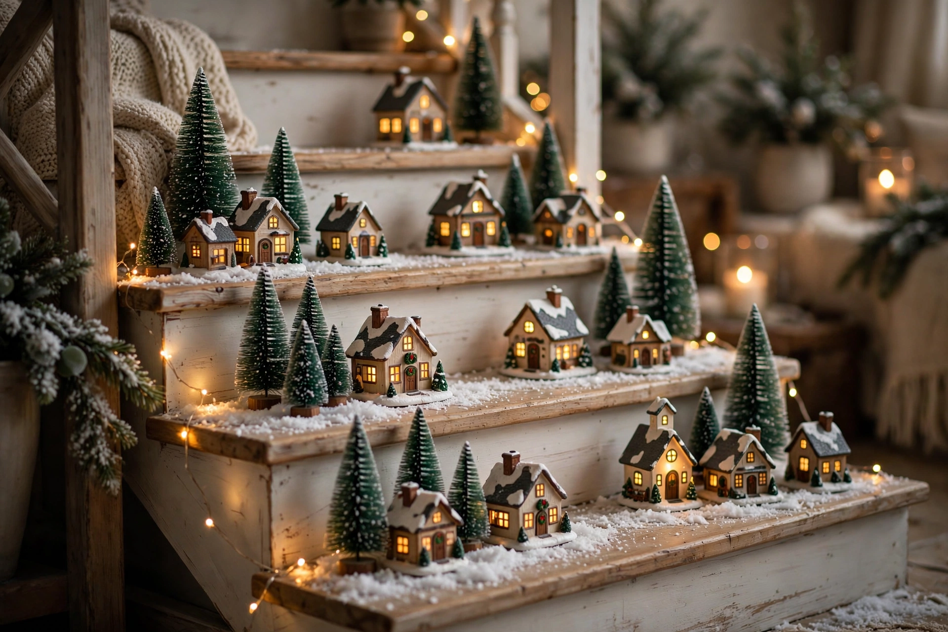 Miniature Christmas village with tiny lit houses and bottle-brush trees arranged on stair steps.