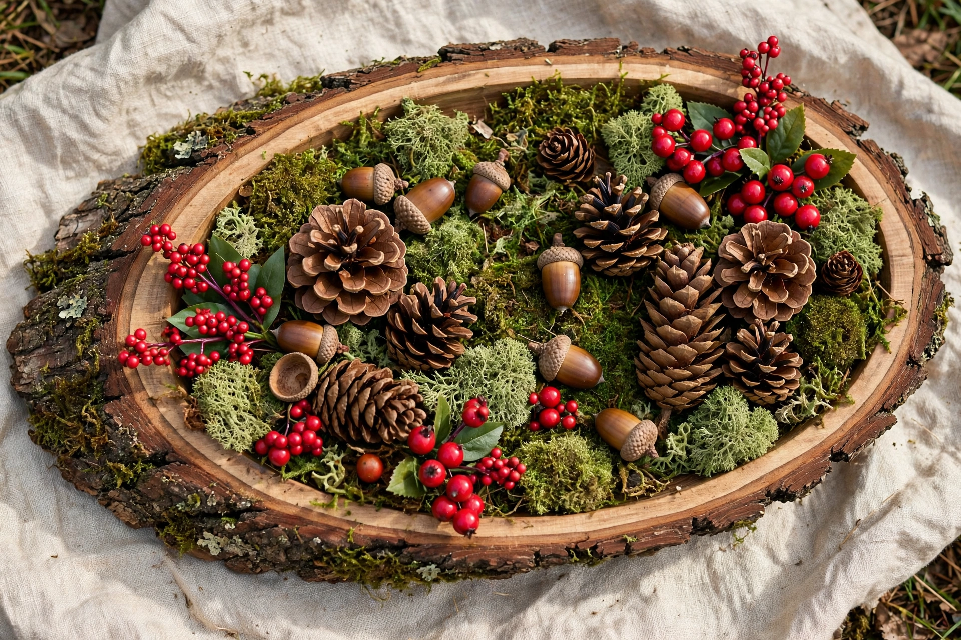Bark-edged wooden tray filled with pinecones, acorns, faux berries, and moss.
