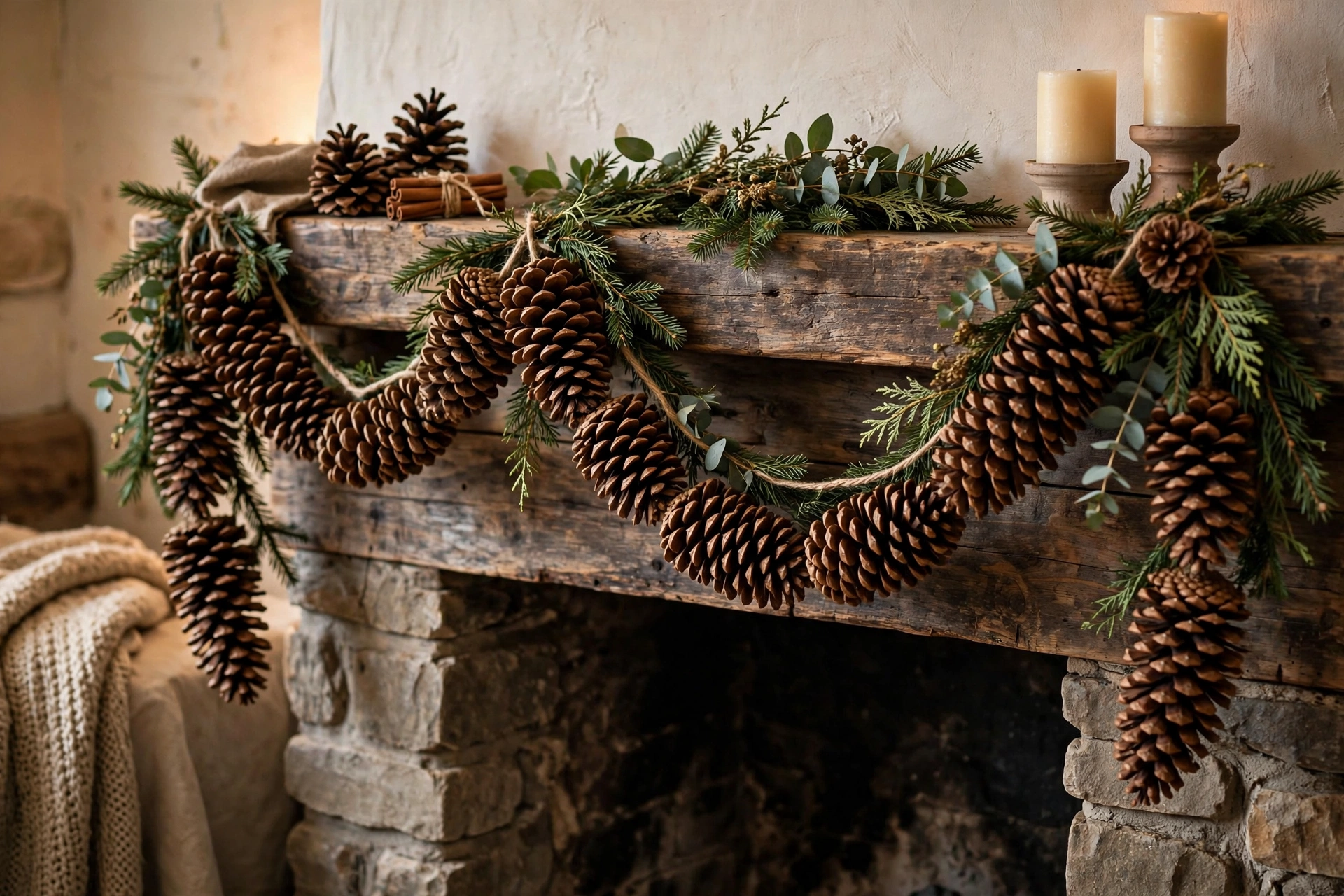 String of large pinecones looped in swags across a rustic wooden mantel.