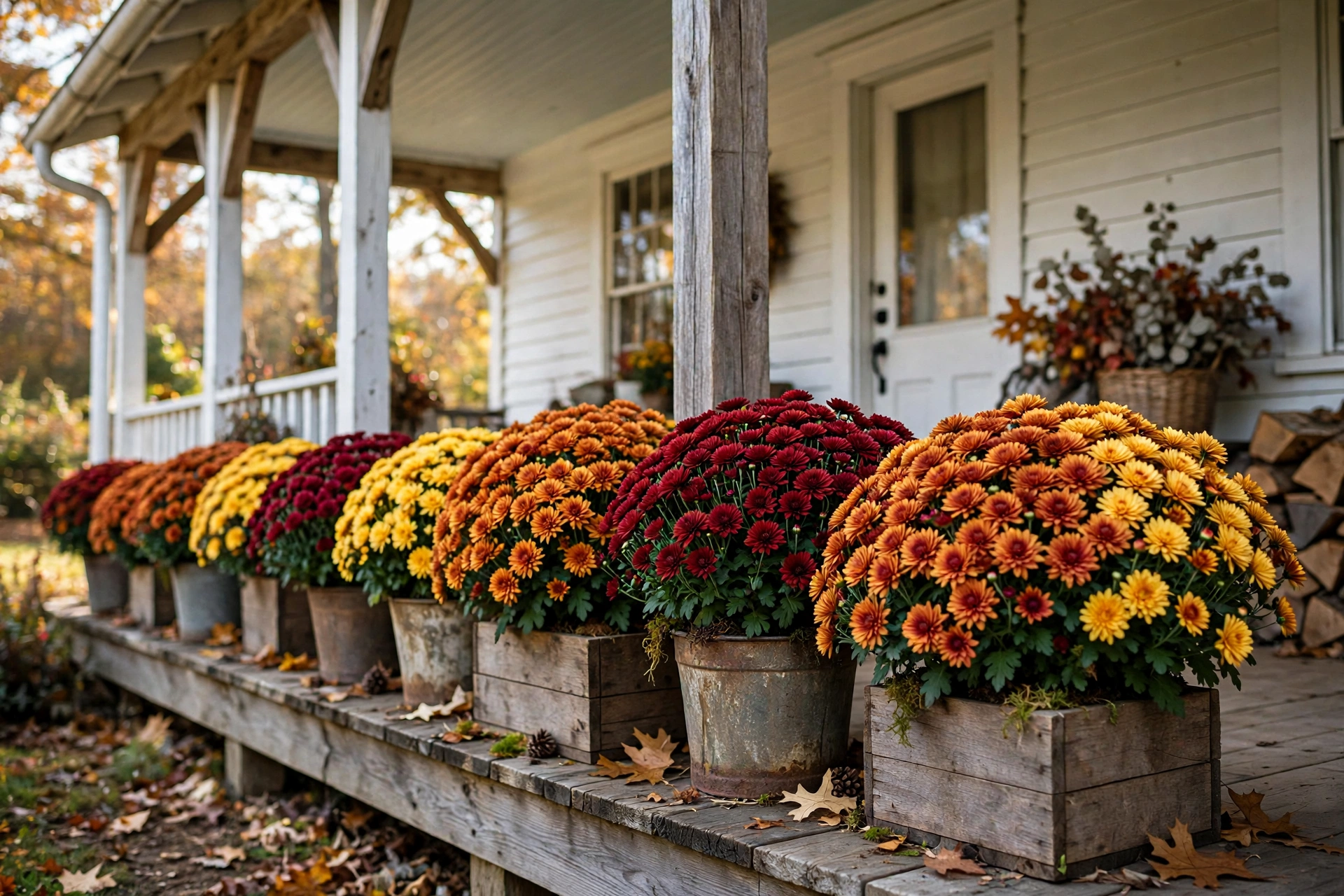 Row of potted mums in wooden boxes framing a farmhouse porch edge.