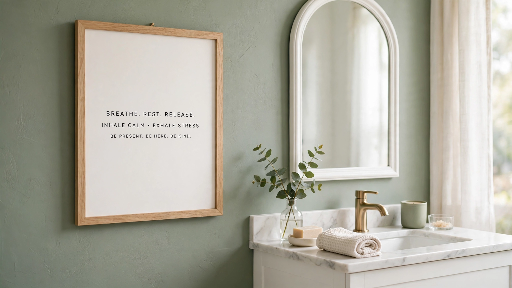 Inspirational quote print in a light oak frame hanging on a sage bathroom wall