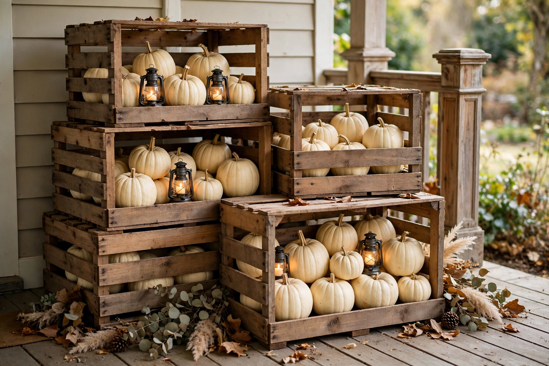 Stacked raw wood crates filled with cream pumpkins and lanterns on a porch.