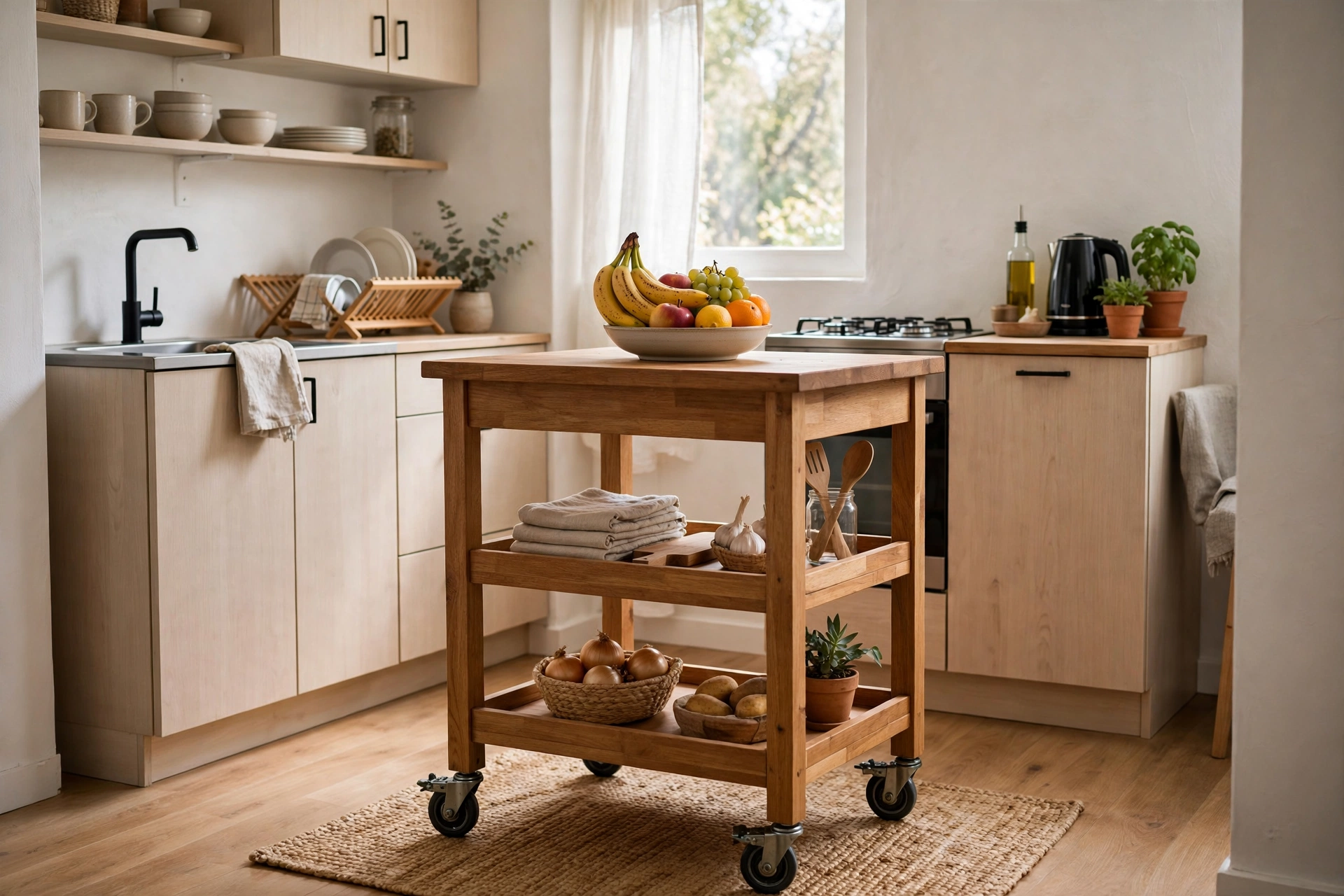 A wooden rolling kitchen cart with shelves used as an island in a compact studio kitchen