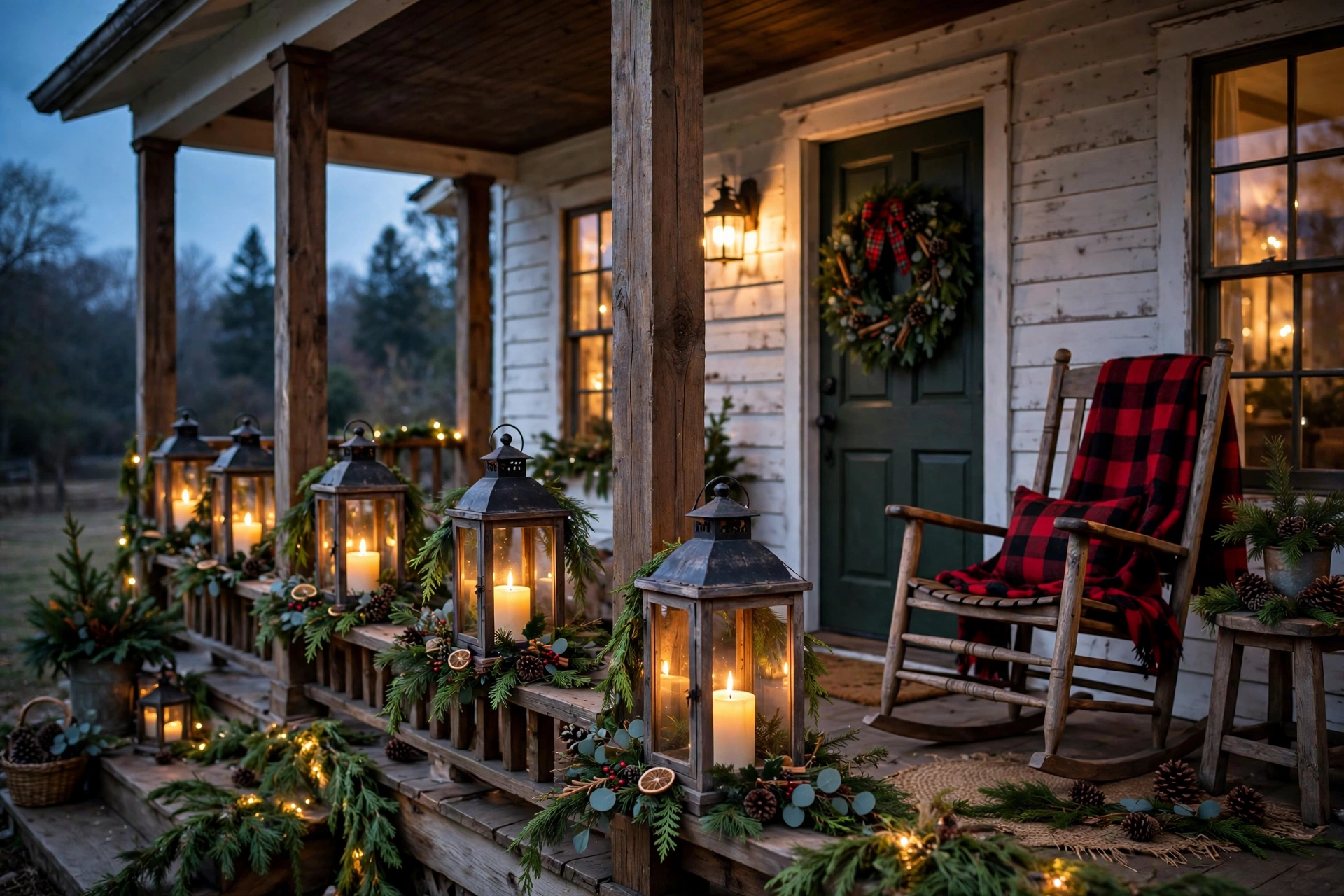 Farmhouse front porch lined with large rustic lanterns holding candles and greenery at dusk.