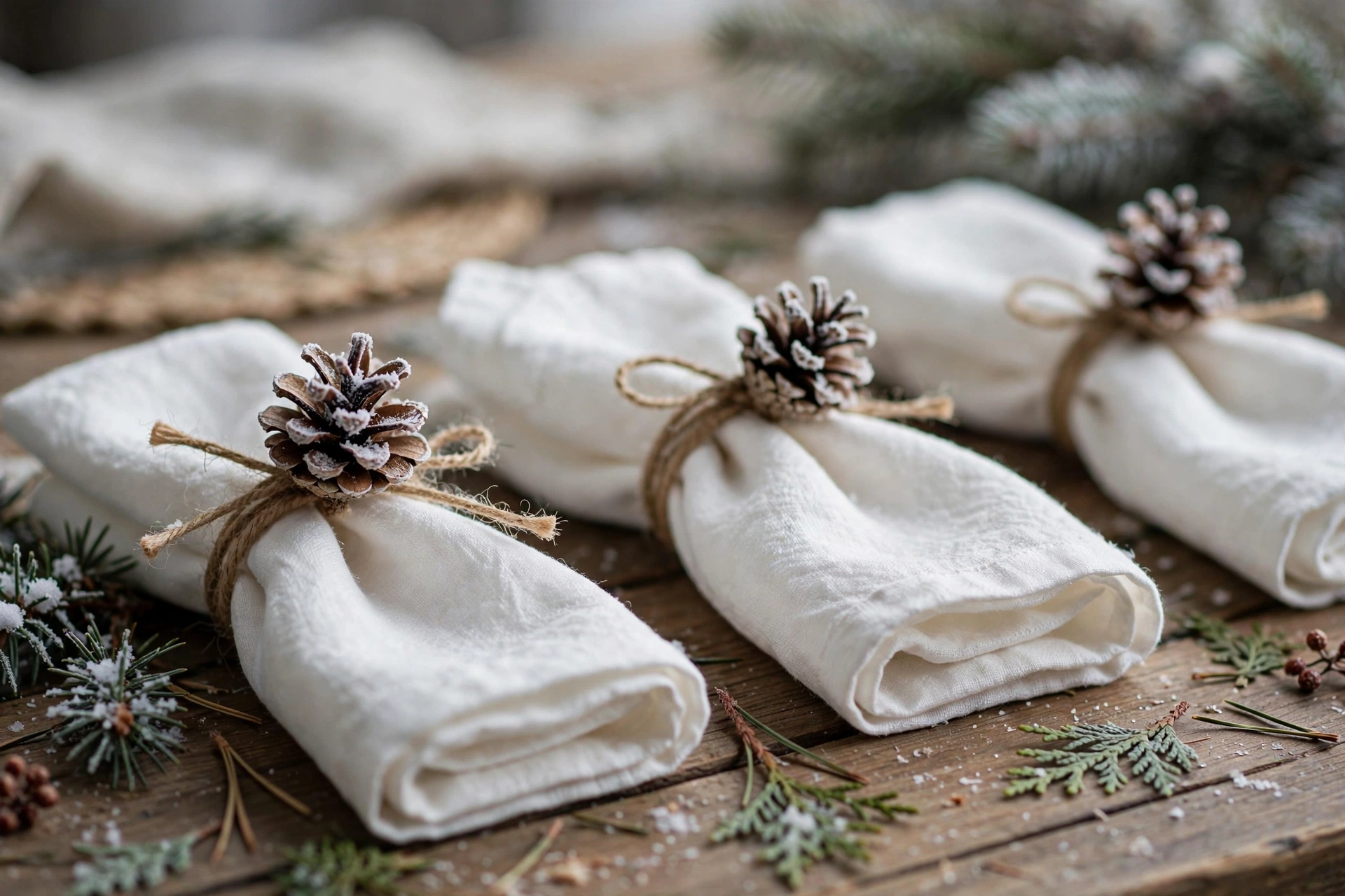 Snow dusted pinecone napkin rings on white napkins