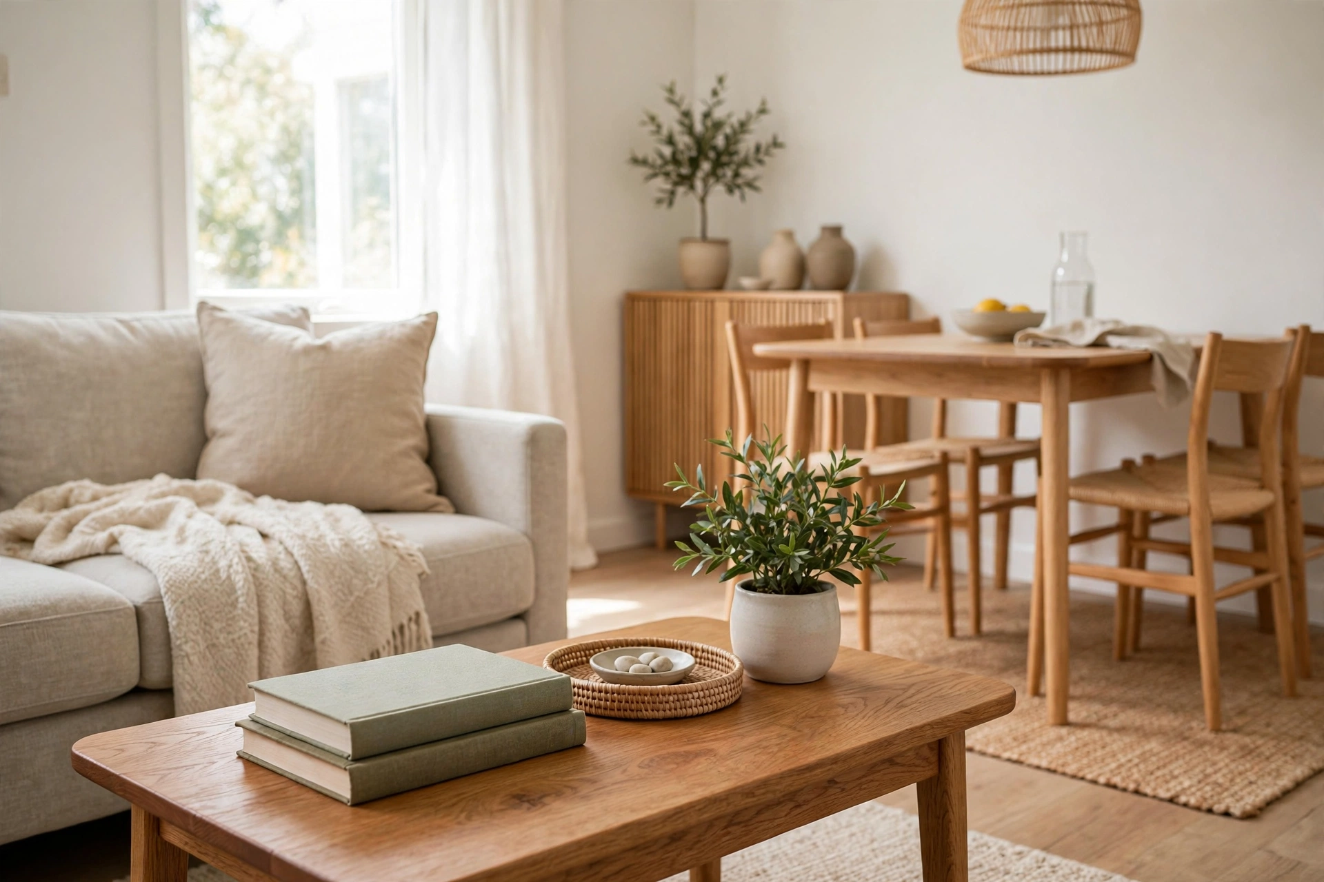 Minimally styled coffee table with books, tray and small plant in a small living room.