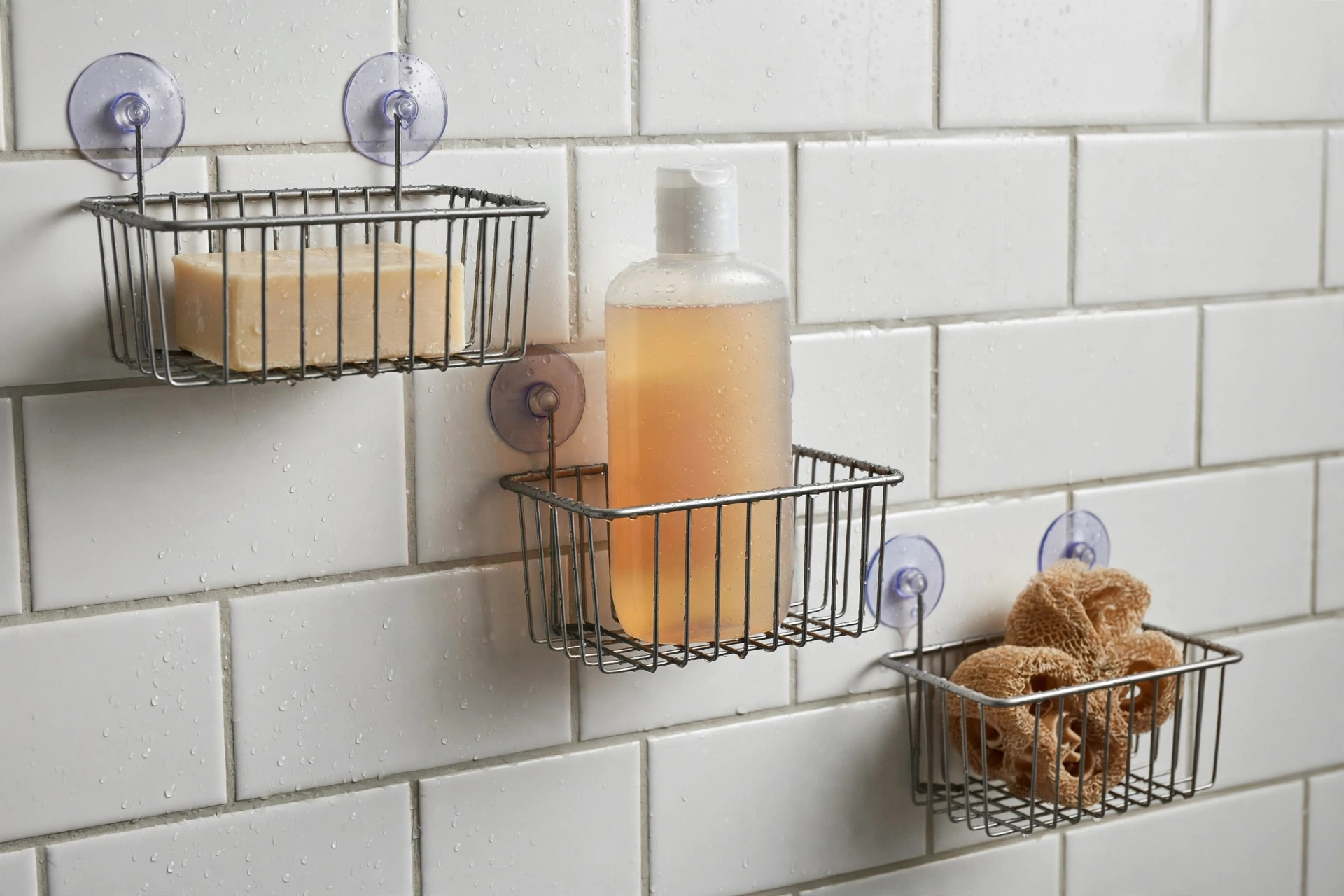 Suction-cup wire baskets on a tiled shower wall holding soap, shampoo, and a loofah, realistic photo, no text