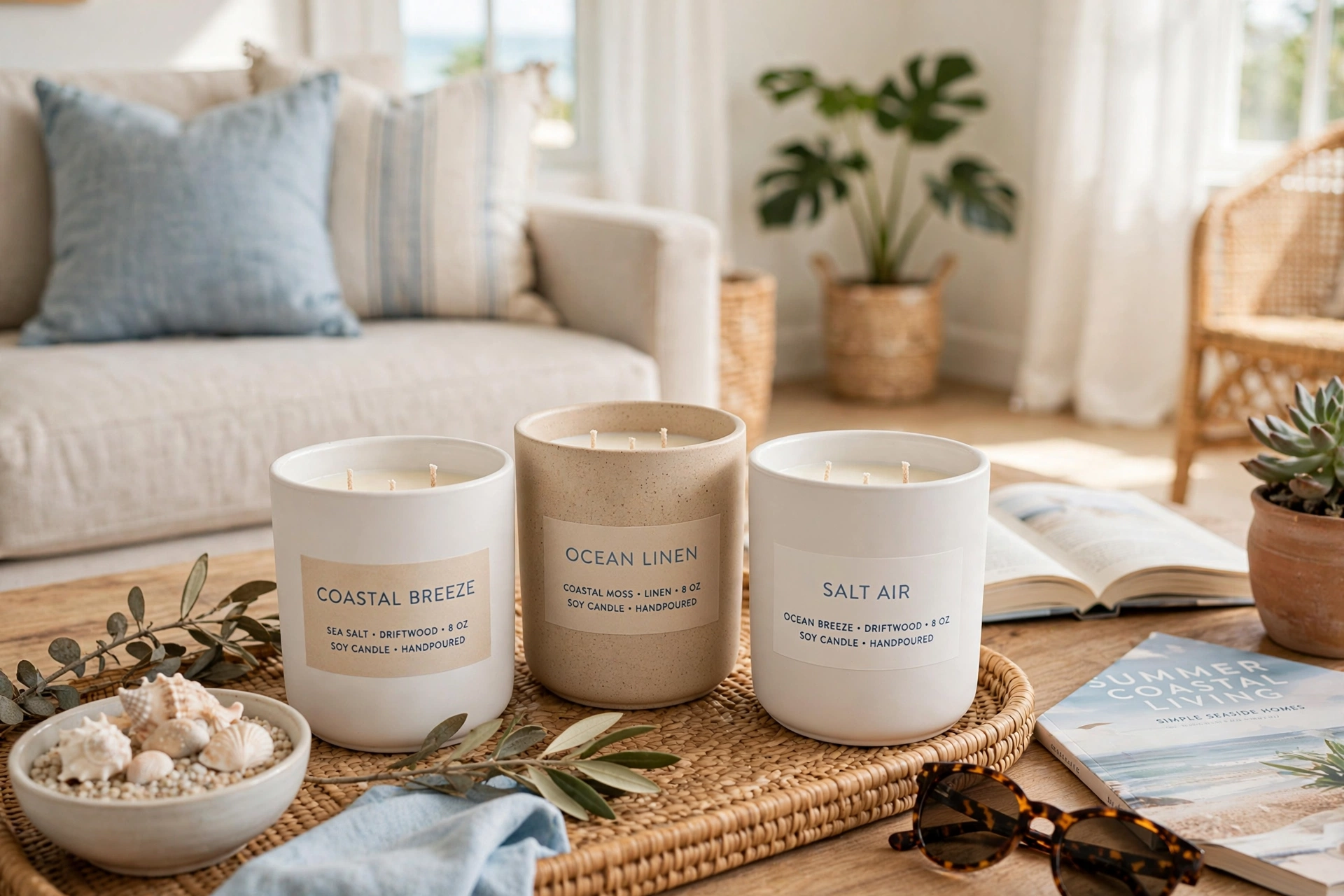 Trio of candles in white and sand-colored vessels with coastal scent labels on a coffee table in a bright living room.