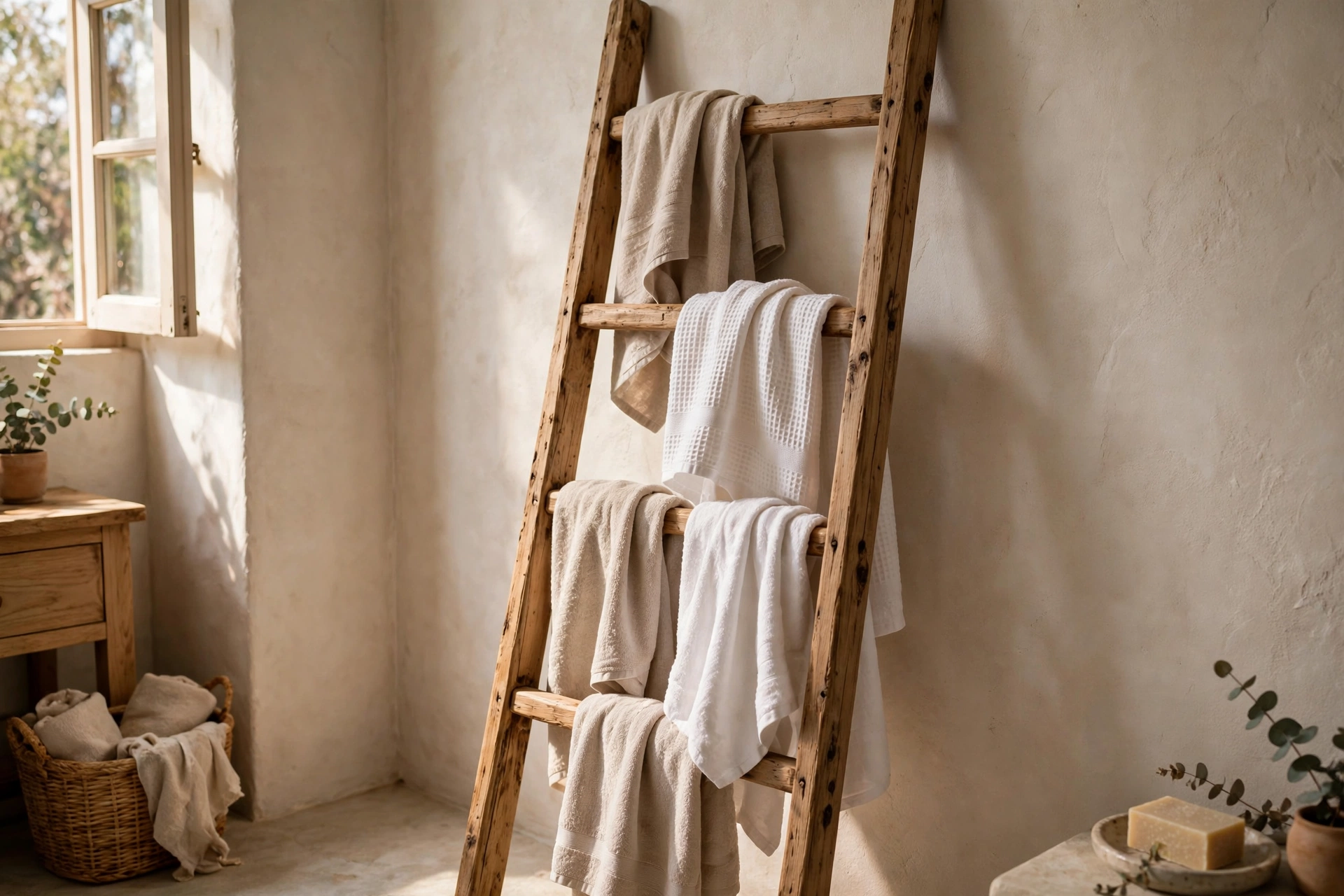 Towel ladder in a small bathroom — small bathroom decor idea