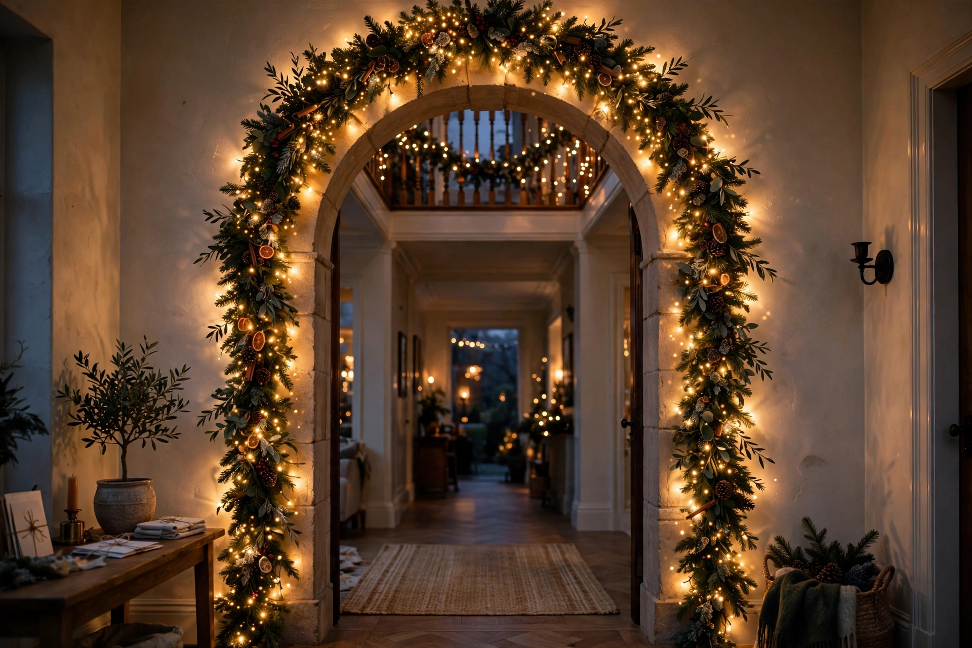 Twinkling string lights along an entryway archway at Christmas