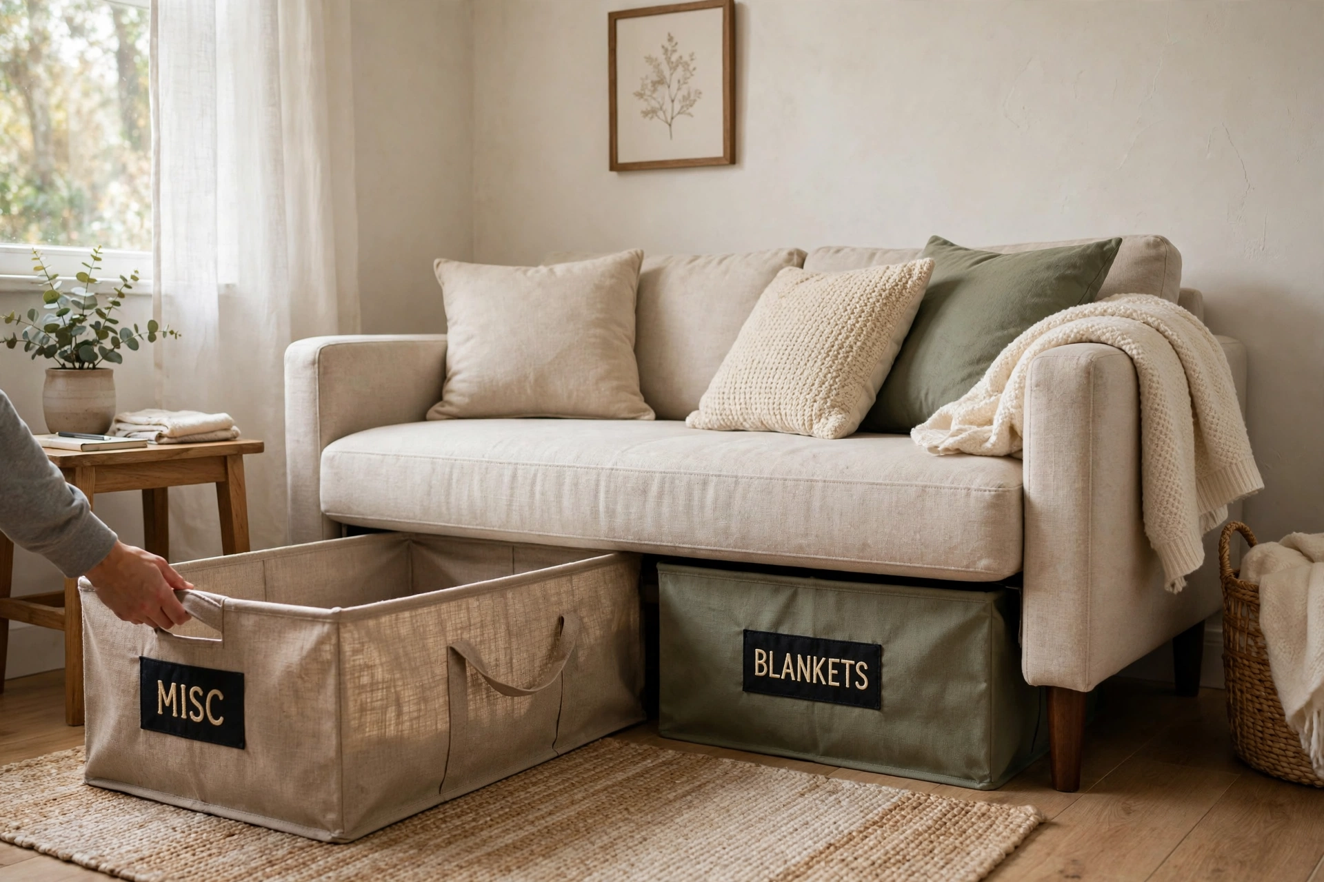 Fabric storage bins sliding under a sofa in a small living room area.
