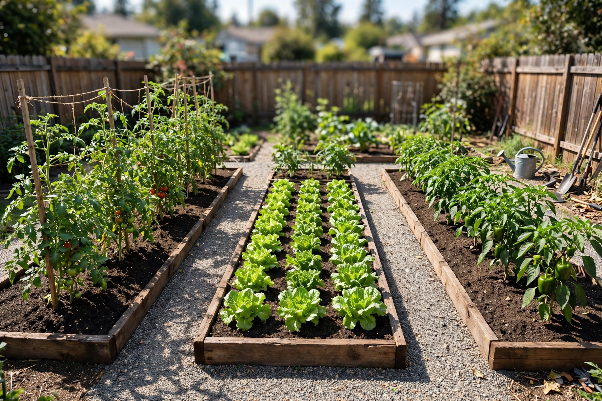 An organized backyard vegetable garden with labeled beds of tomatoes, lettuce, and peppers in tidy rows