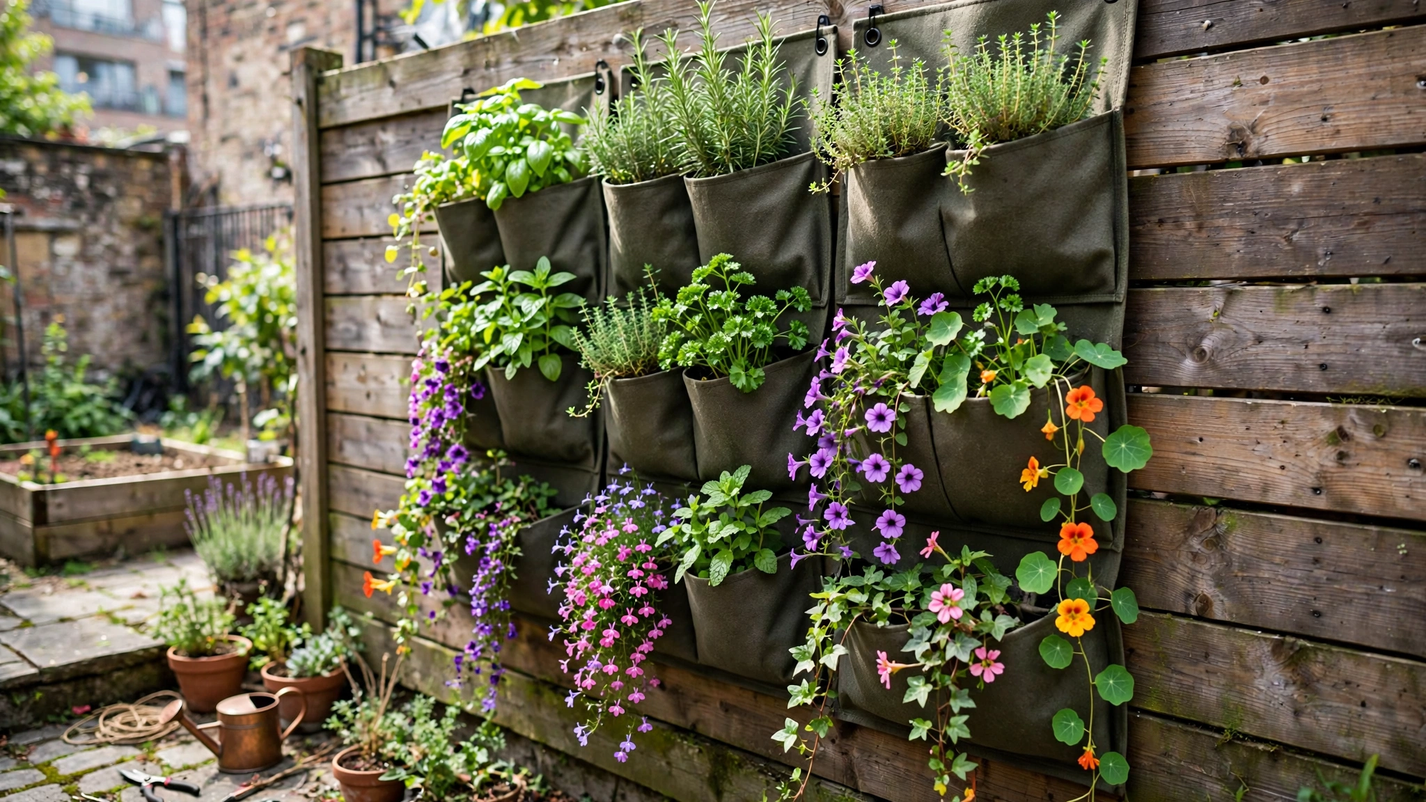Fabric vertical planter pockets filled with herbs and trailing flowers mounted on a wooden fence.