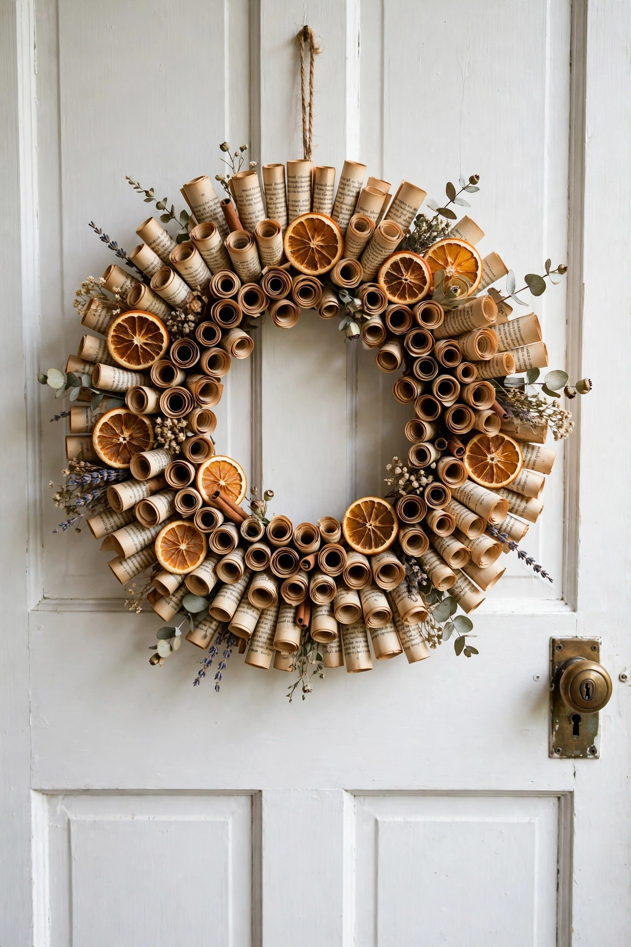 Wreath of rolled vintage book pages with dried orange slices on a white door.