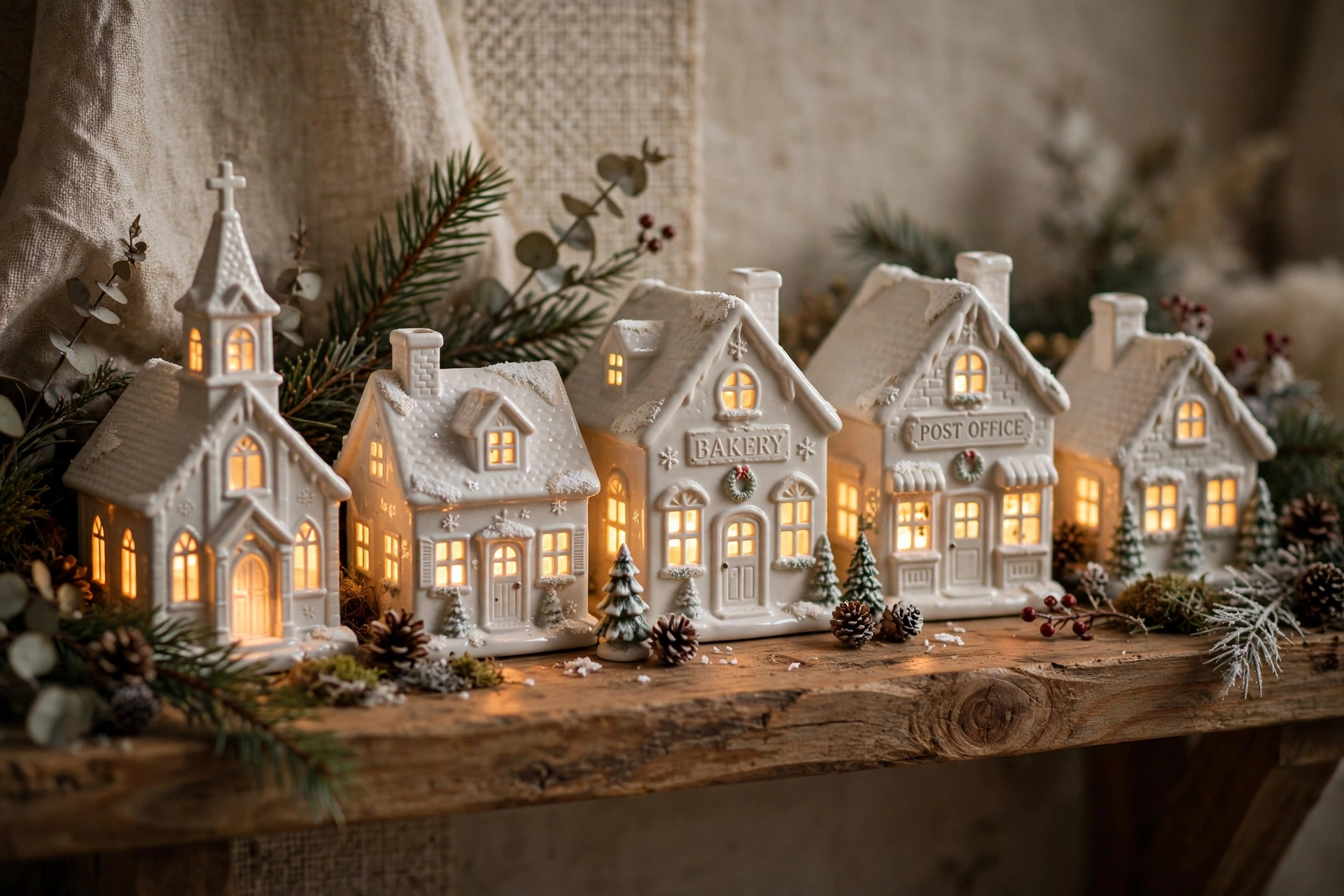 White ceramic Christmas village houses glowing on a wooden shelf.