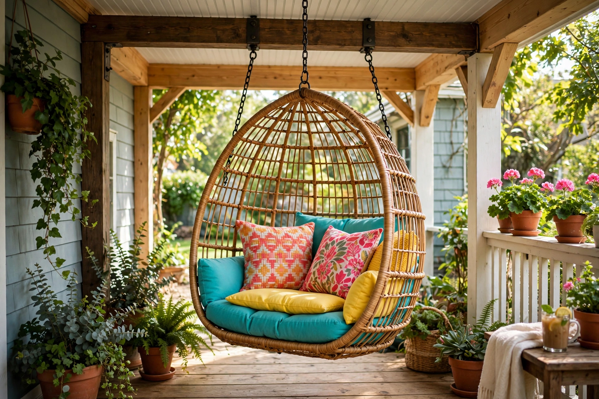 Wicker egg chair swing hanging from a porch beam with bright cushions.