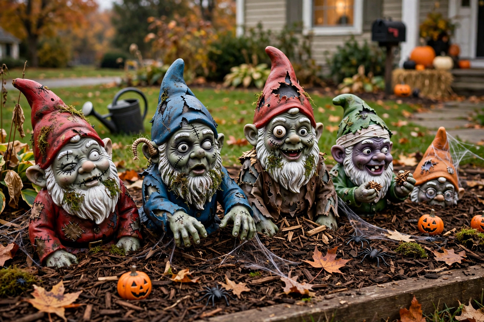 Garden gnomes painted as zombies rising from a mulch bed in a front yard.
