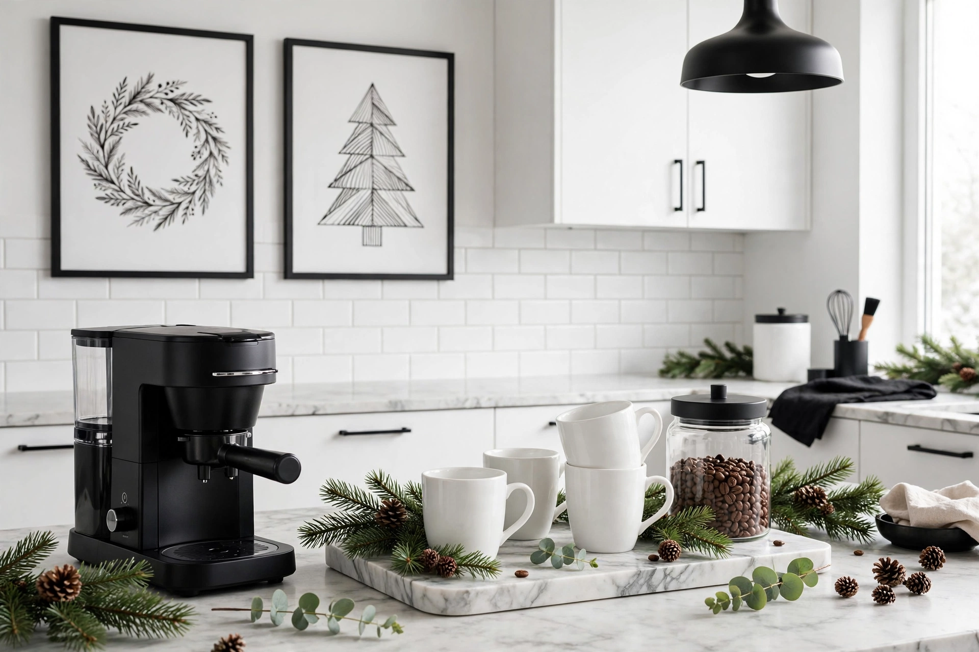 Modern black and white coffee station with marble tray and greenery