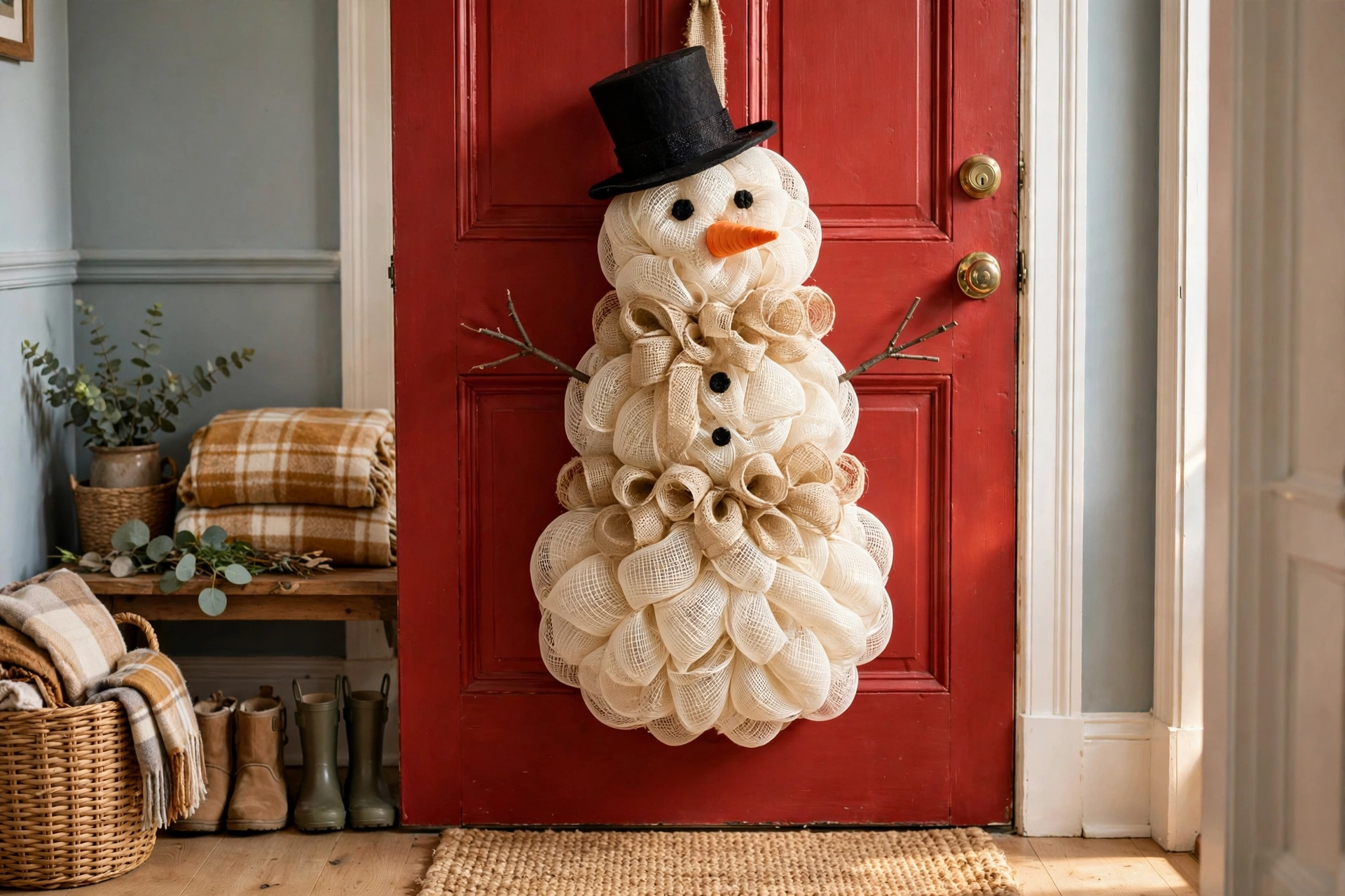 Whimsical snowman-shaped wreath of burlap mesh with a top hat and carrot nose on a red apartment door.