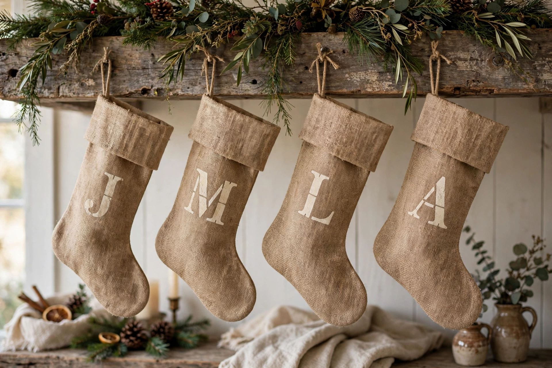 Burlap Christmas stockings with stenciled initials hanging from a reclaimed wood beam.