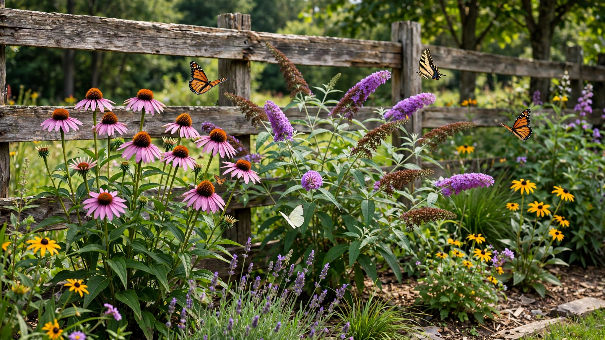 A colorful butterfly garden strip with coneflowers and butterfly bushes along a fence, butterflies flying.