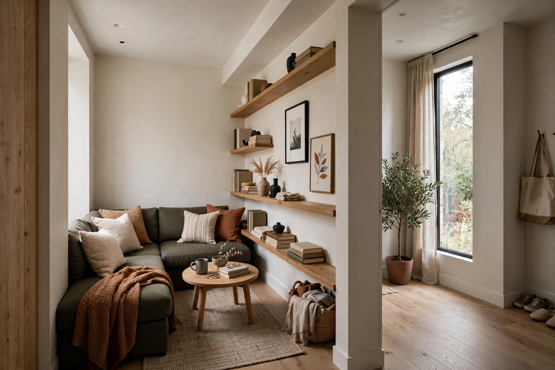 Corner sectional anchor — narrow living room idea