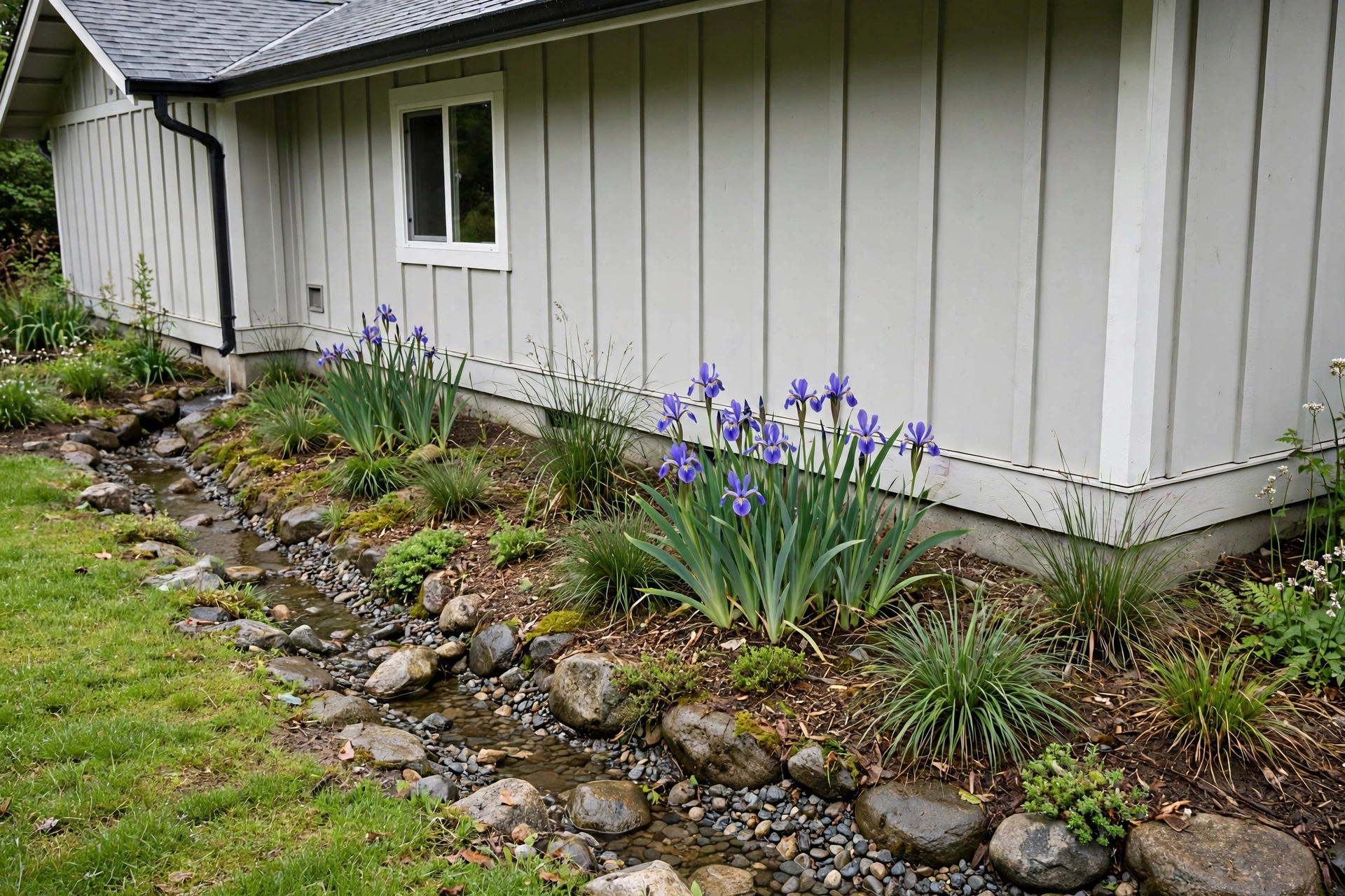 Rain garden swale with native iris and sedges planted in a shallow drainage channel along the side of a house.