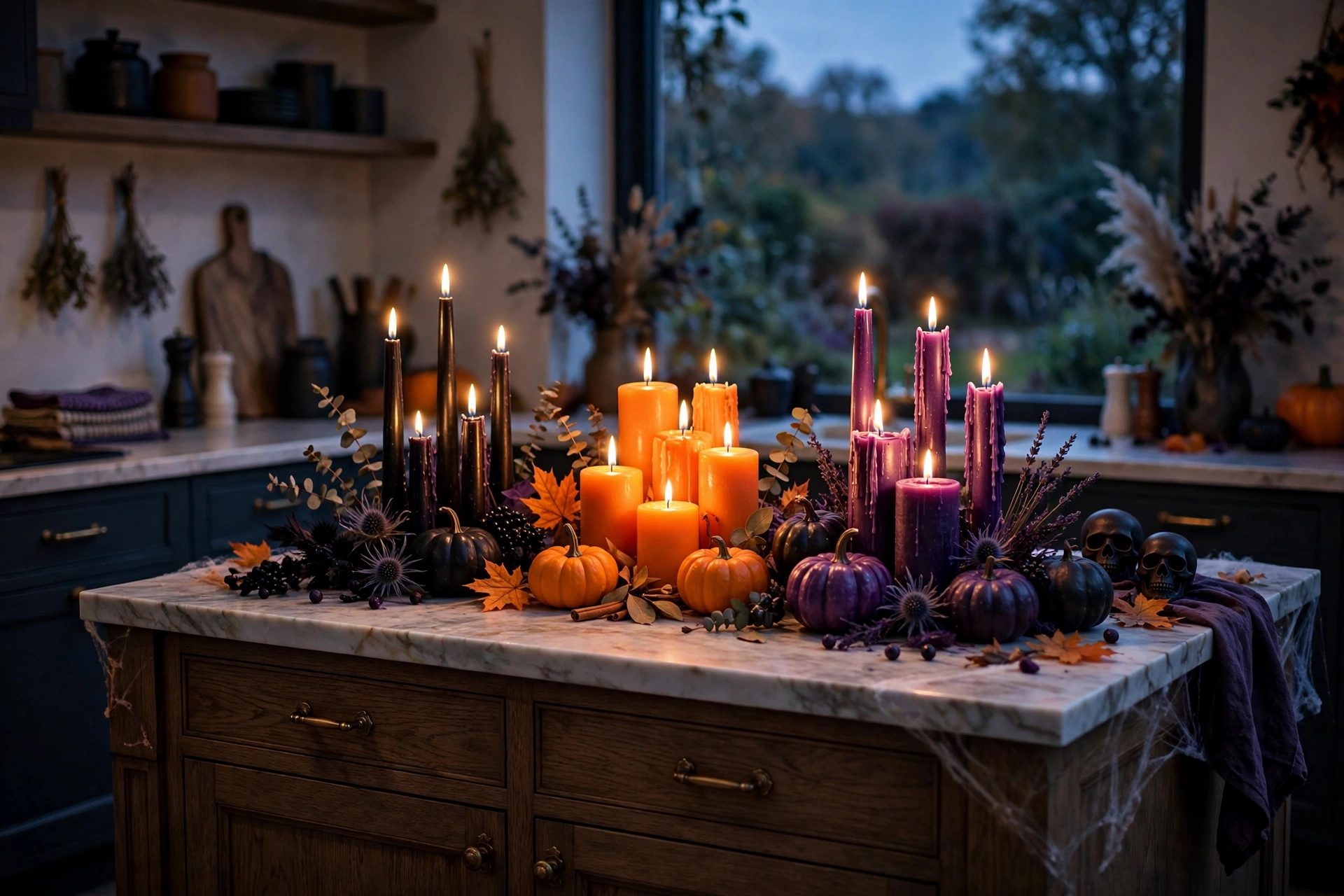 Kitchen island with clusters of black purple and orange candles glowing at dusk.