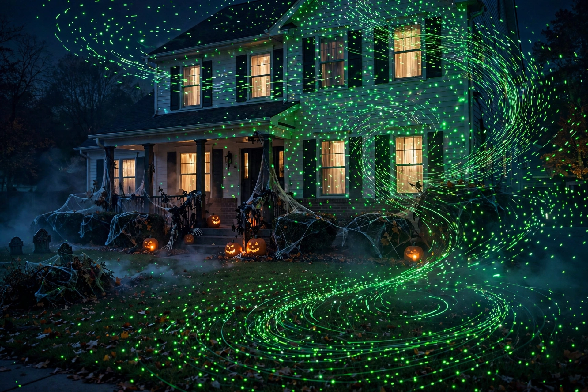 Green laser light dots swirling across a lawn and house facade at night.